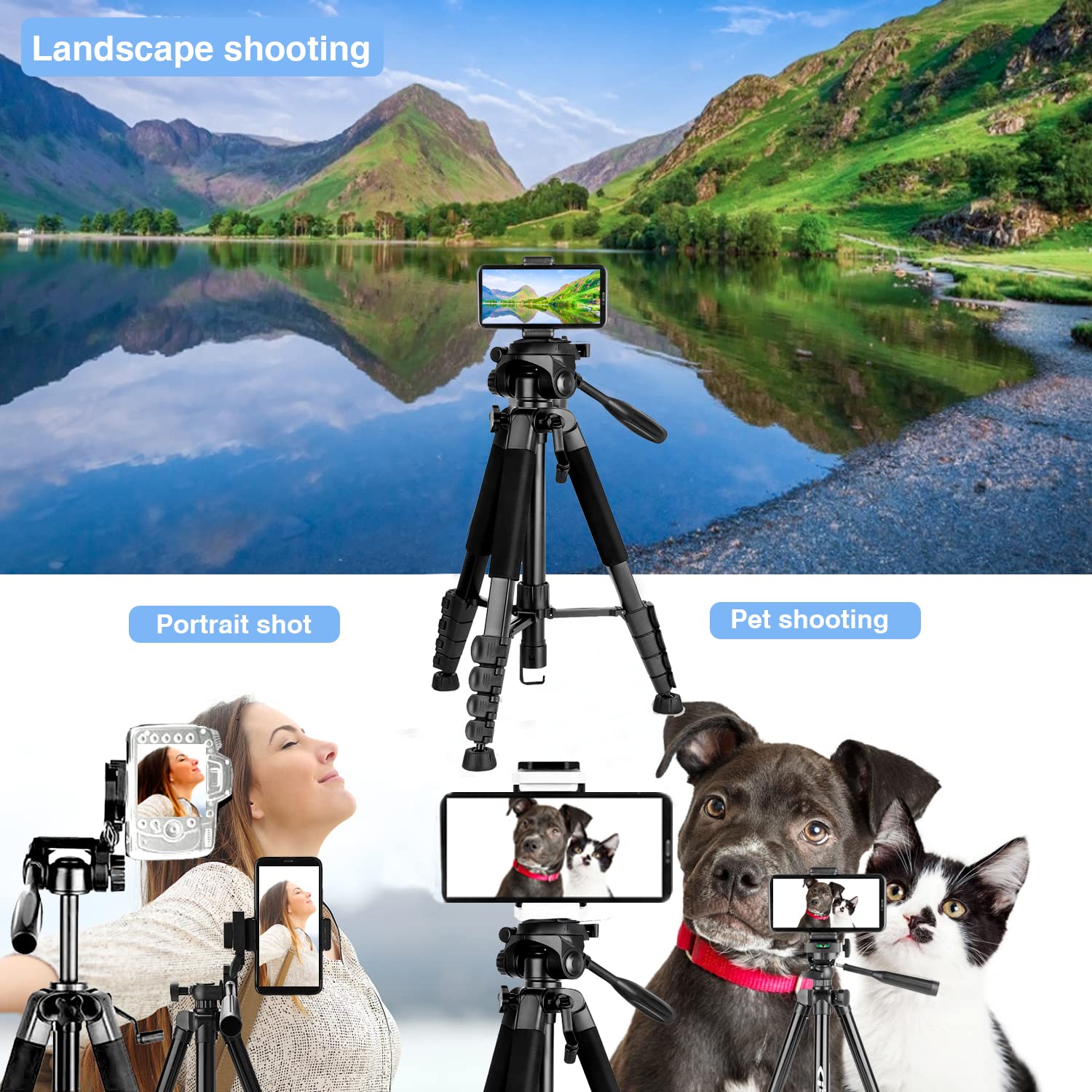 Yotetion 67" Aluminum Phone & Camera Tripod, Extendable Cell Phone Tripod Stand Compatible With Iphone/Android/Action Camera Is Perfect For Live Streaming/Video Recording/Selfies
