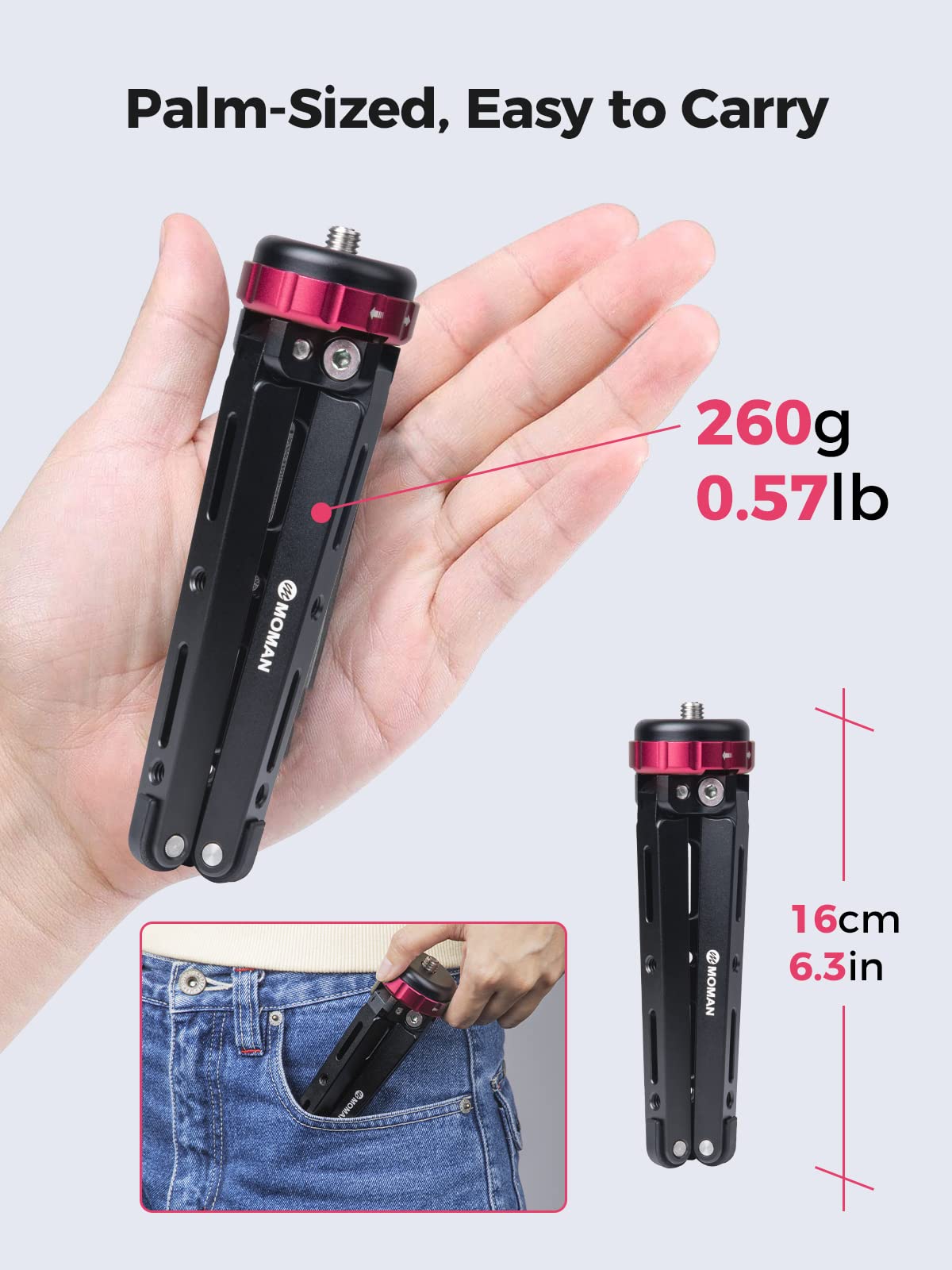 Moman Mini Camera Tripod, Tabletop Short Tripod Desktop Tr01 With 1/4 And 3/8 Screw Mount And Function Leg Cnc Aluminum Tripod For Dslr Camera/Gopro/Video/Camcorder, Max Payload Of 176 Lbs/80Kg, Red