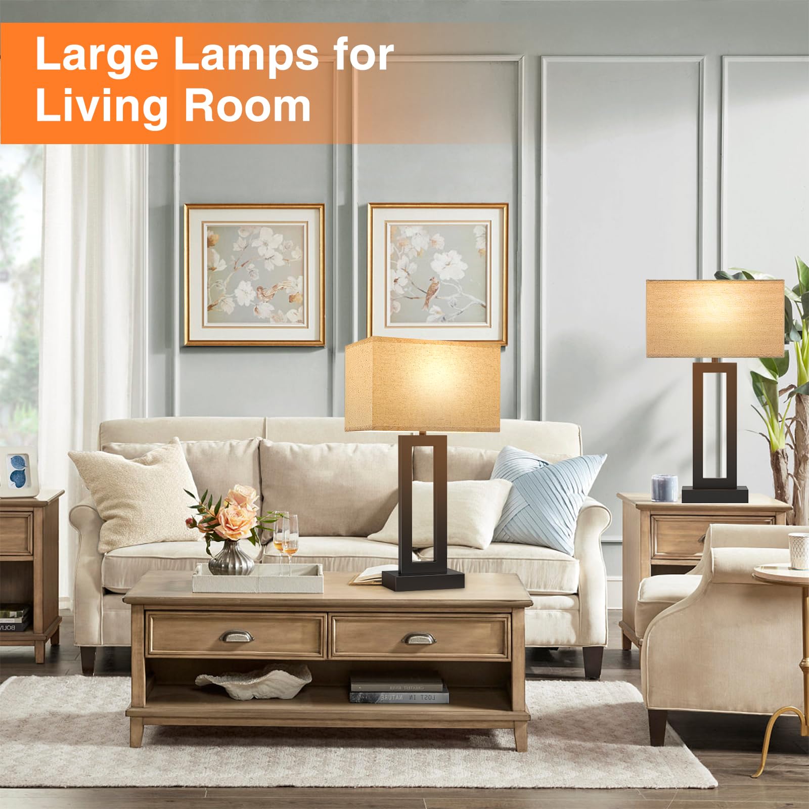 Seealle Modern 22" Tall Bedside Lamps For Night Stands - Touch 3 Way Dimmable Bedroom Lamps (Set Of 2) With Usb C+A (Beige & Black)