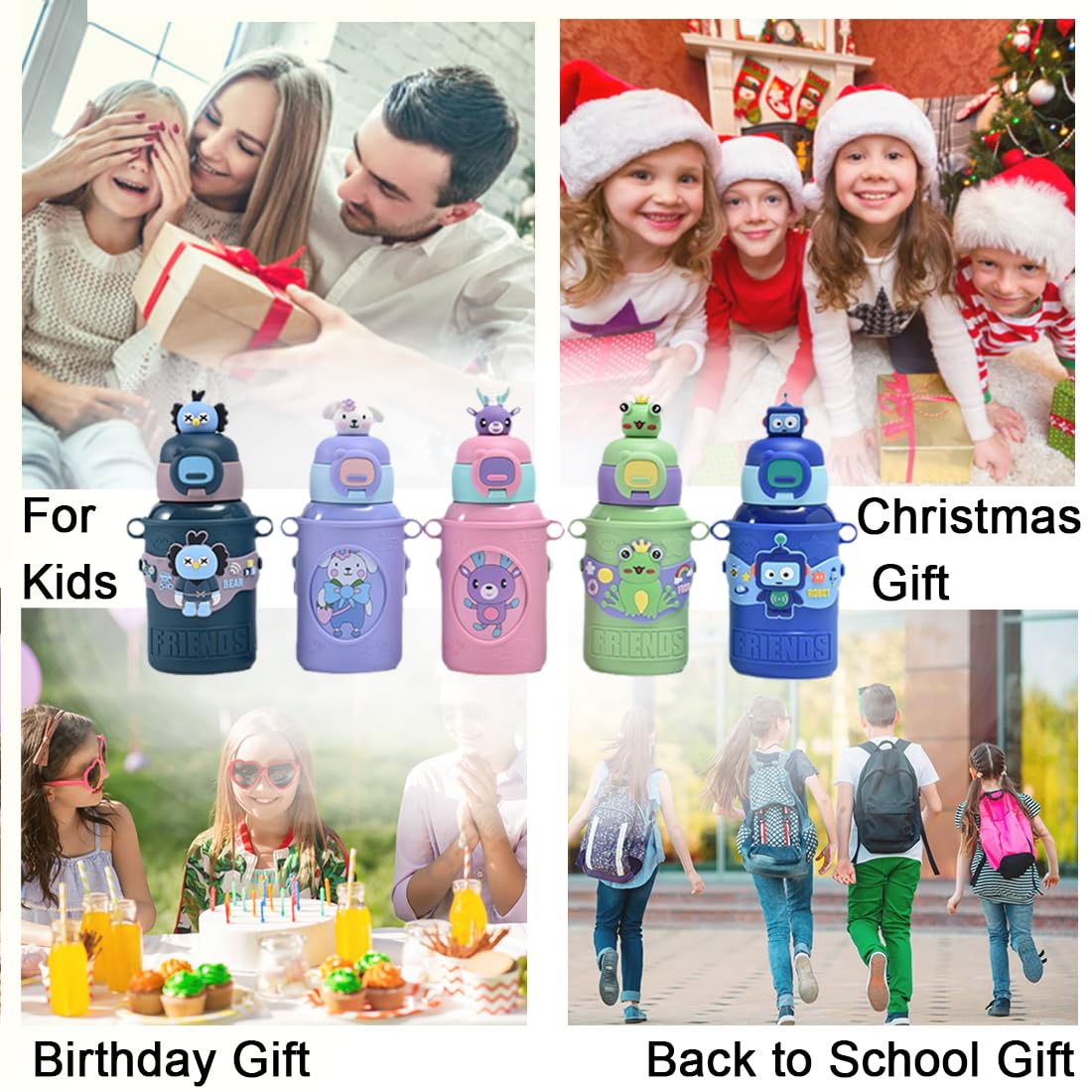Cute Insulated Water Bottle With Straw Strap Kids, 15 Oz Metal Cups For Hot And Cold Drinks,