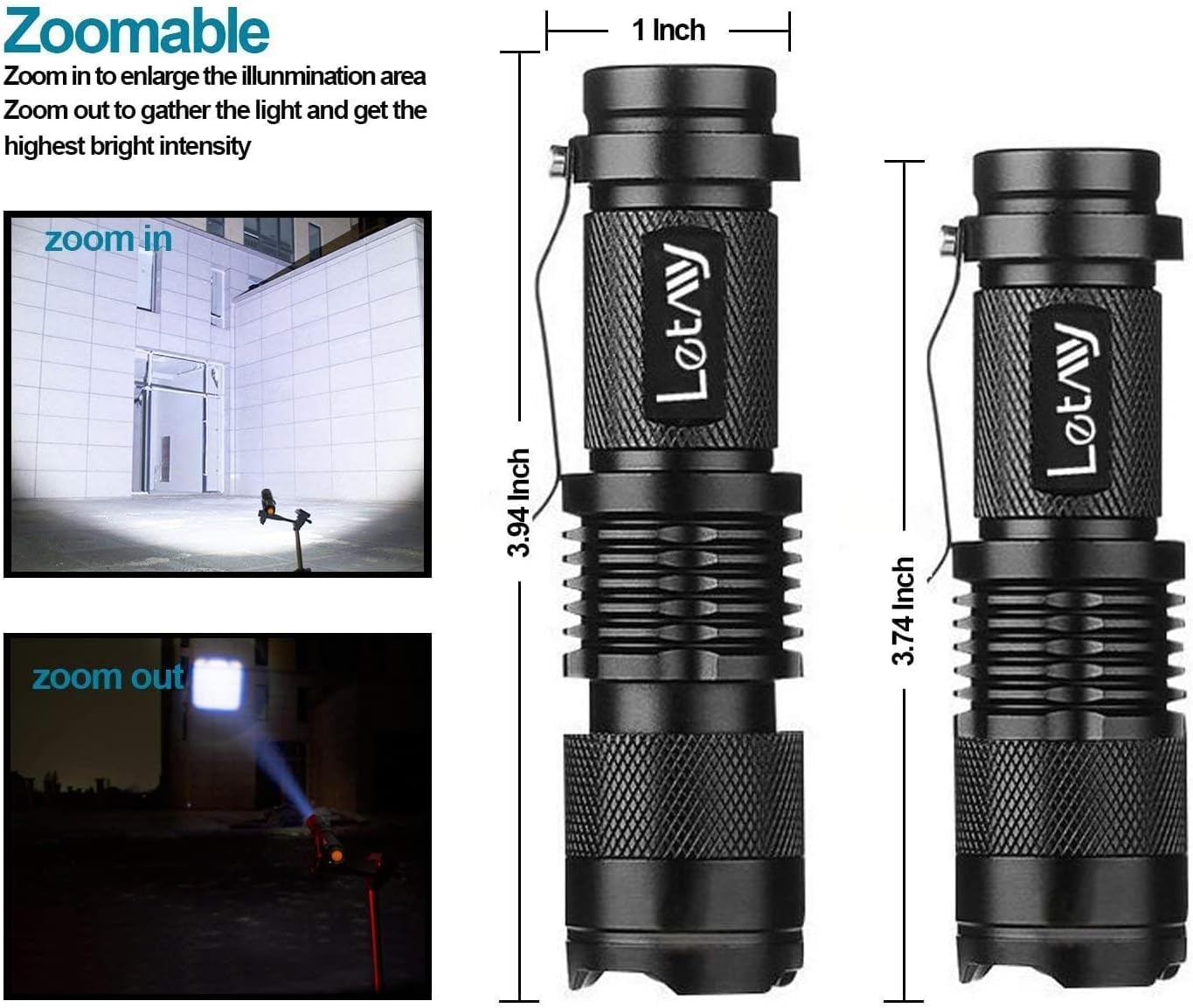 Letmy Tactical Flashlight, Super Bright Led Mini Flashlights With Belt Clip, Zoomable, 3 Modes, Waterproof - Best Edc Flashlight For , Hiking, Camping, Hurricane & Power Outage (2 Pack)