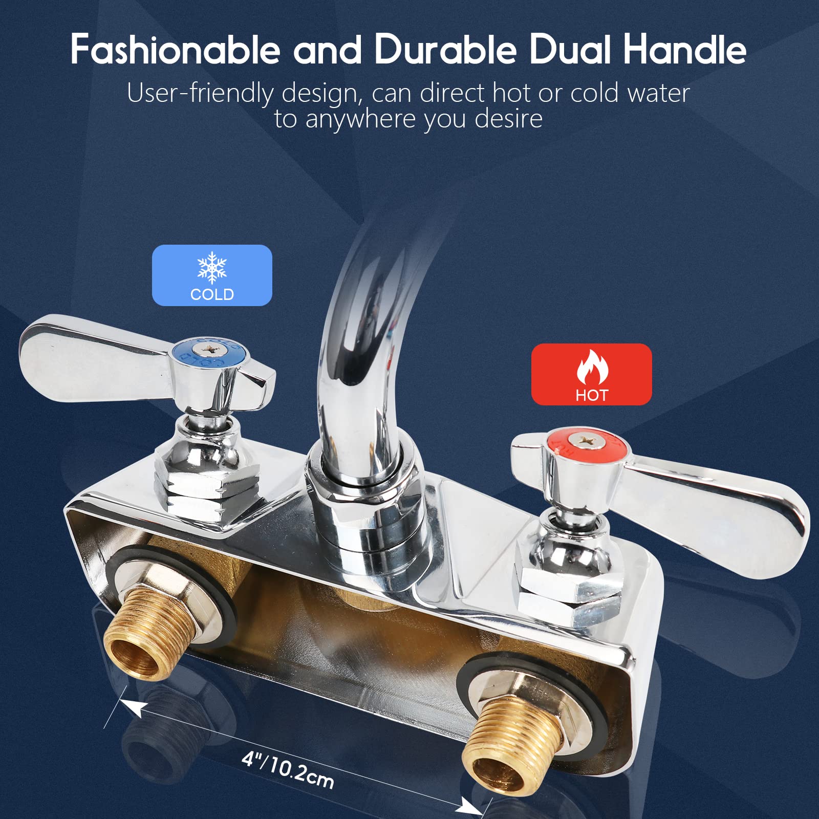 Zkdausdo 4 Inch Center Commercial Sink Faucet Wall Mount With 10" Swivel Spout & Ceramic Valve, Kitchen Hand Sink Faucet, 1/2" Npt Male Inlet, Brass Constructed & Chrome Polished, Dual Lever Handles