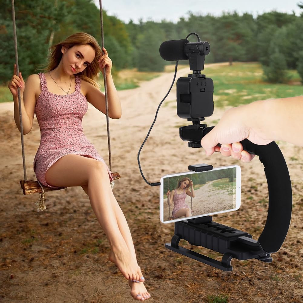 Tiiyee Handheld Camera Stabilizer Bracket,Portable U Shape Video Holder With Led Fill Light And Microphone For Interview Photography Portable Dv Bracket Studio Kit Cold Shoe Tripod Head All Cameras Home