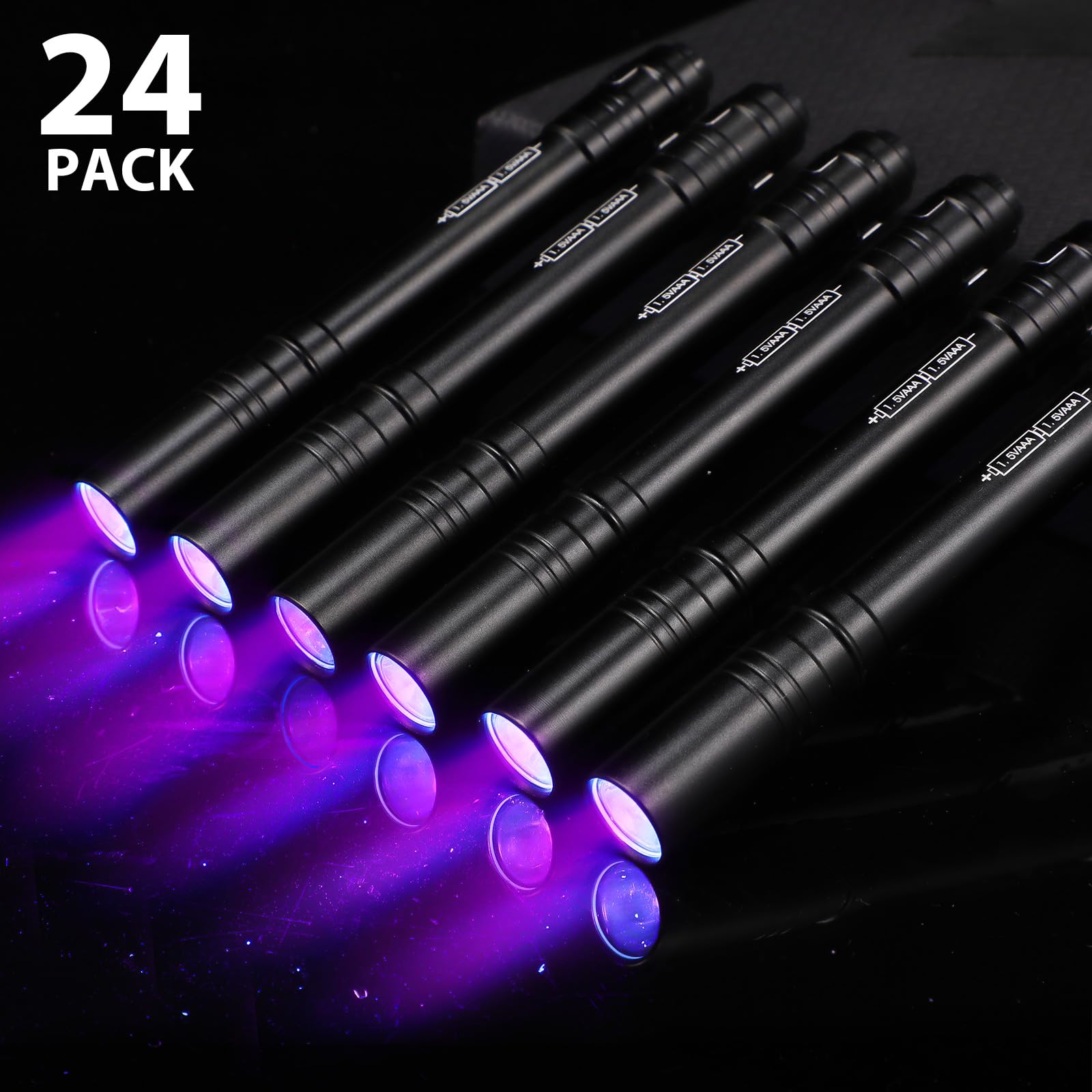 Rossesay 24 Pack Uv Blacklight Flashlights Bulk, 395Nm Uv Pen Light With Clip, Led Handheld Blacklight Detector For Leak Pet Urine Hotel Inspection Dry Stain Neon Party Favors(Black)