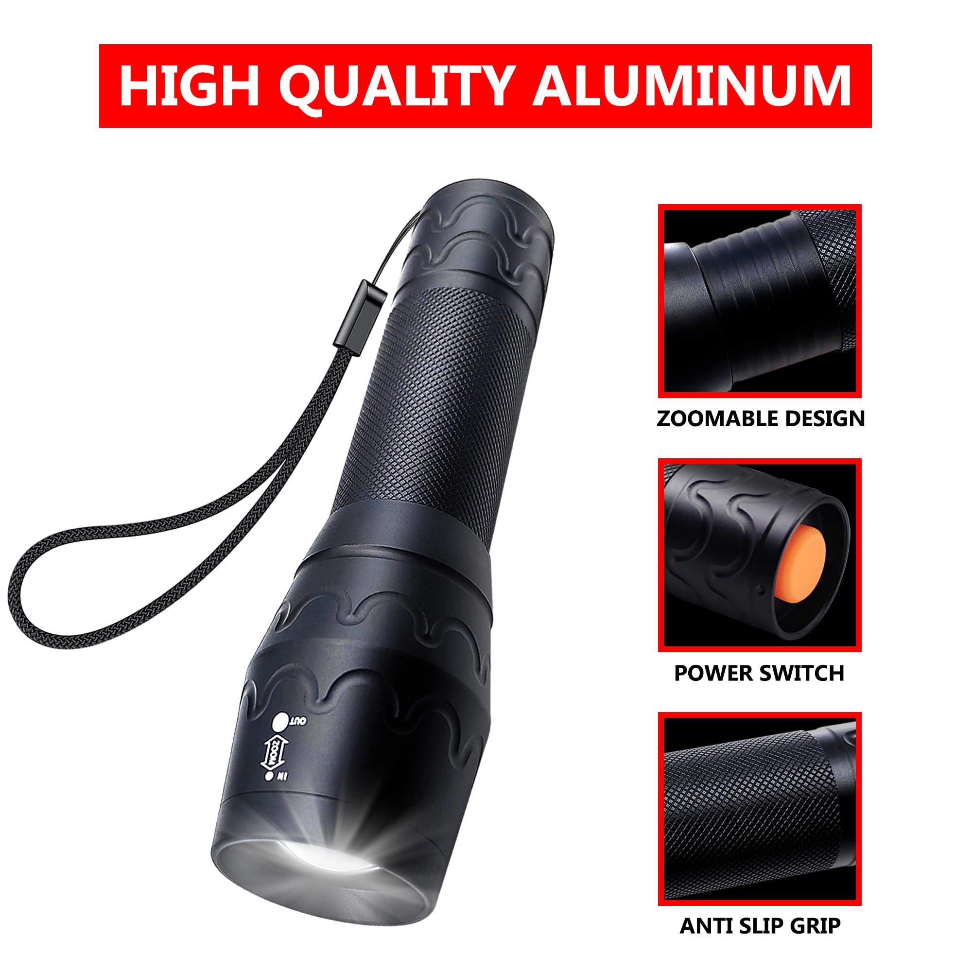 Zyunmall Single Mode Flashlight, High Lumen Led Flashlights With Zoomable Beam, Compact Handheld Flash Light For Camping, Outdoor, And Home Use, 2-Pack