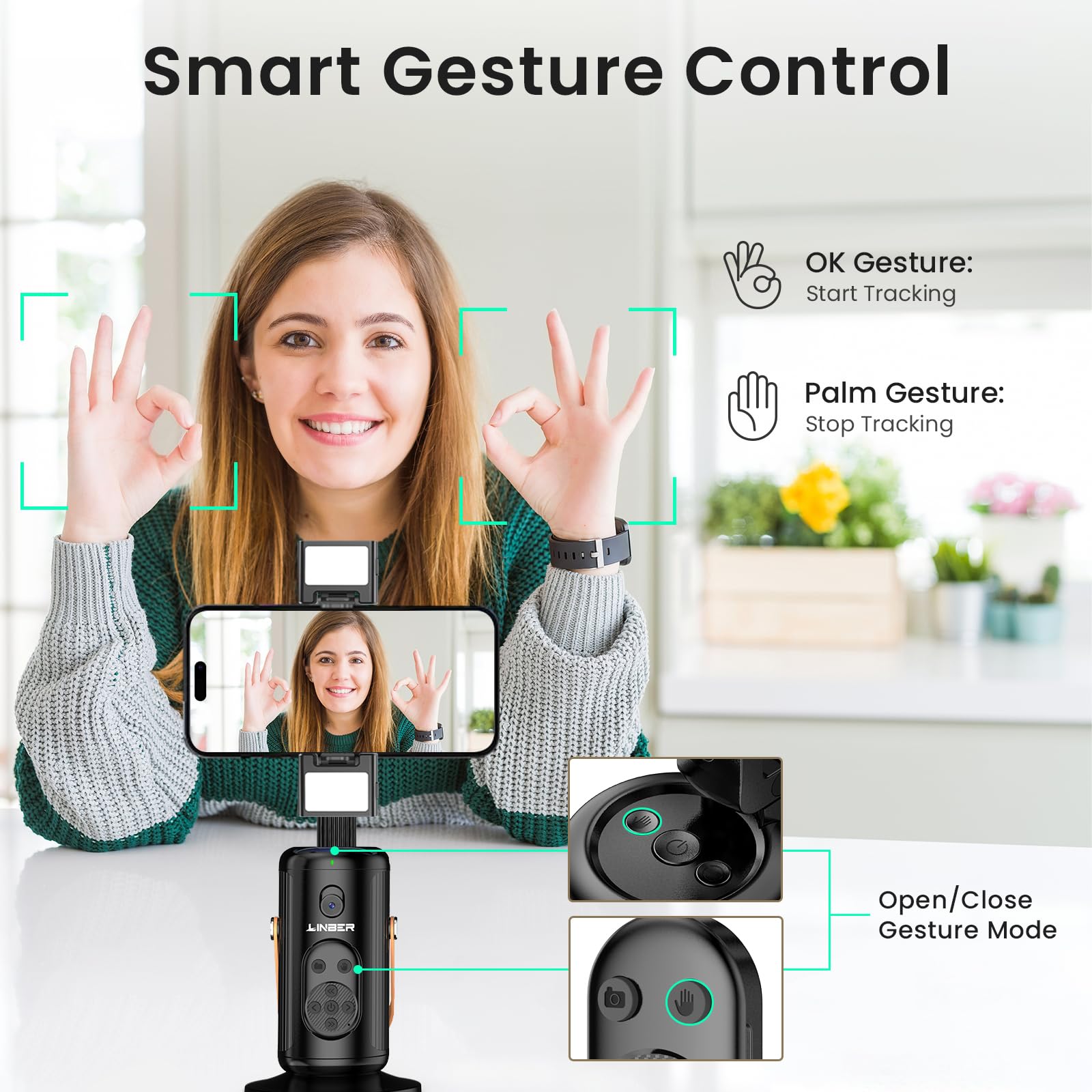Linber P08 Auto Face Tracking Phone Holder, No App, 360°Rotation Phone Tracking Gimbal With Detachable Remote & 2 Fill Light, Phone Stand Gesture Control For Vlogging, Live Streaming, Video Recording