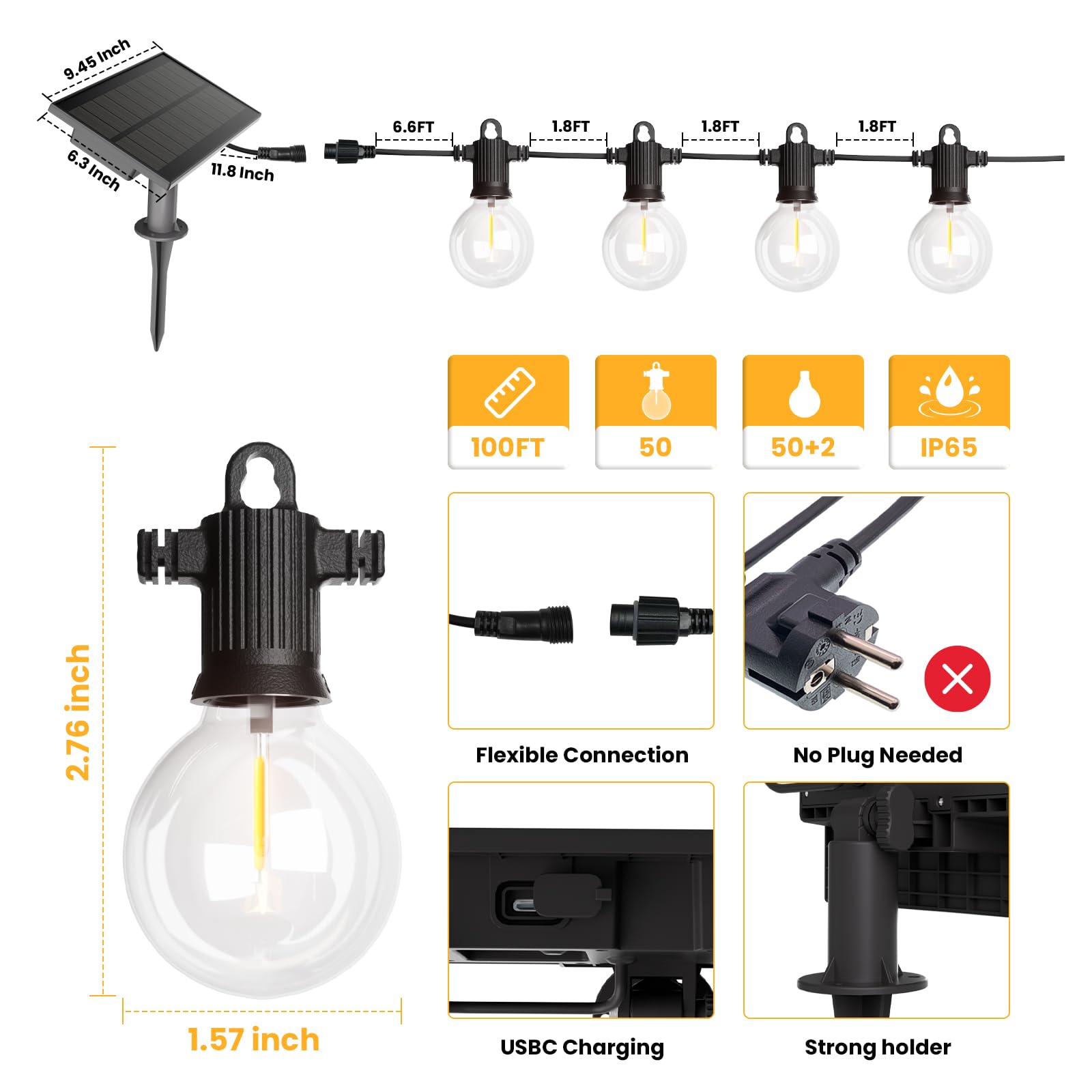 Zotoyi Solar String Lights Outdoor Waterproof Ip65 100Ft With Usb Port And 50+2 Shatterproof G40 Bulbs, Up To 8-12 Hours For Using, Led Solar Powered Patio Lights For Outside, Patio, Porch, 2200K