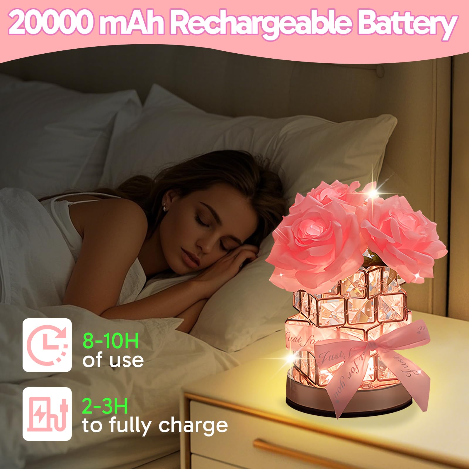 Onxe Rose Lamp,Flower Lamp 3 Colors Dimmable Crystal Table Light,Romantic Rechargeable Cordless Touch Lamp For Restaurant Bedroom Living Room Pink Decor,Christmas Birthday For Women Mom (Pink)