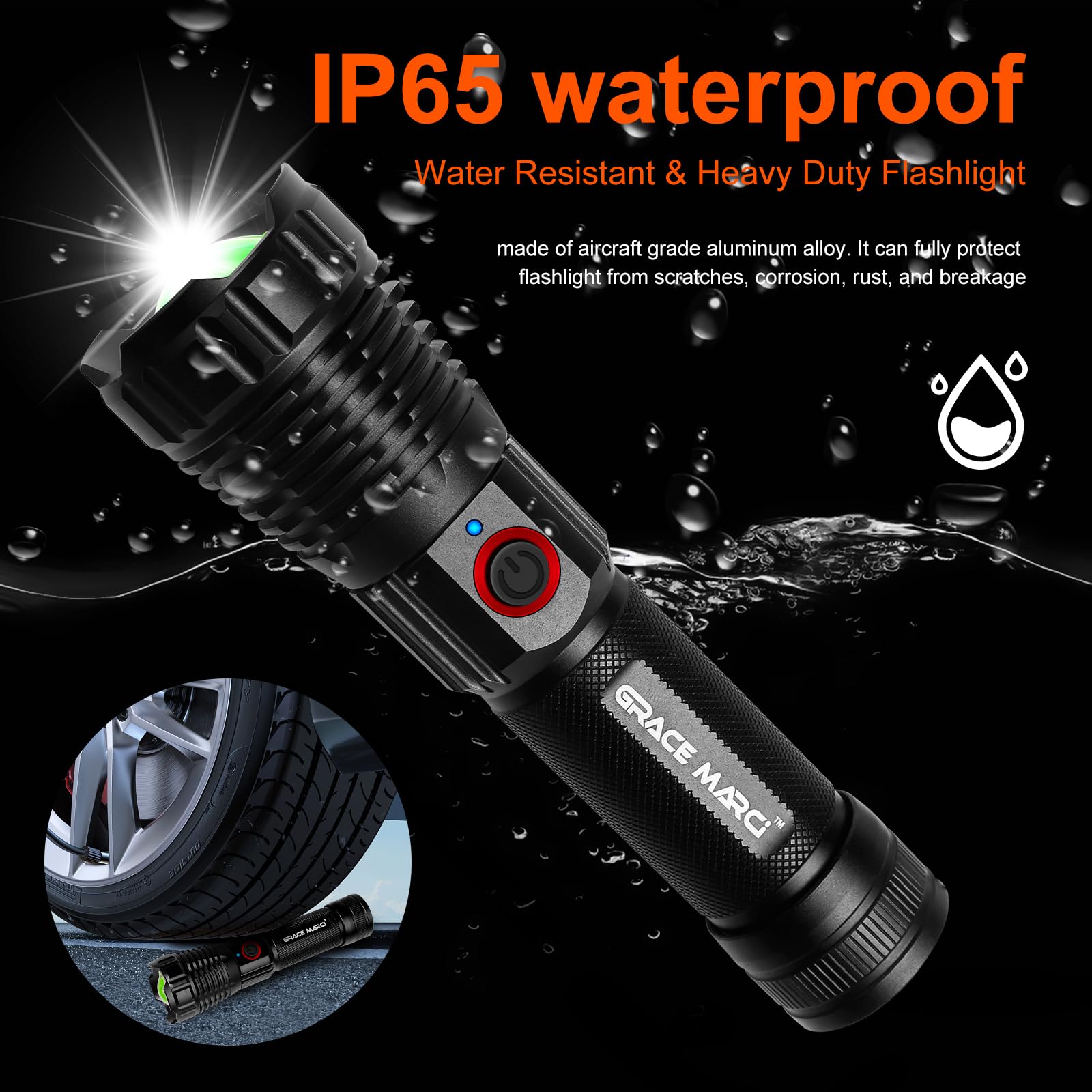 Grace Marci Super Bright Rechargeable Flashlights, High Lumen 500000 Lumens, Led Flashlight With 5 Modes, Ip55 Waterproof, Powerful Handheld Light For Camping, Hiking, Emergency