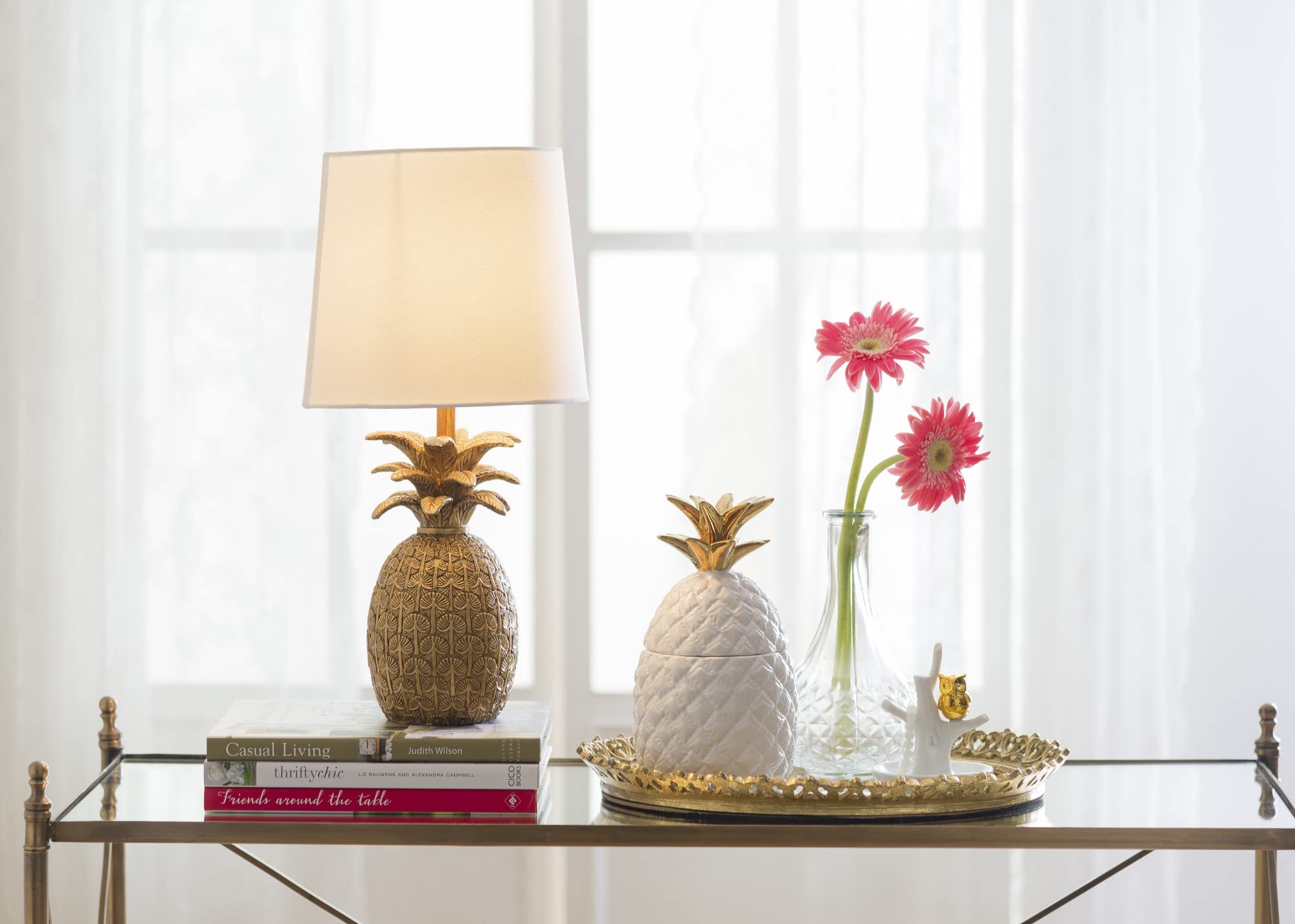 Creative Co-Op Pineapple Shaped Table Lamp With Distressed Gold Finish & Linen Shade