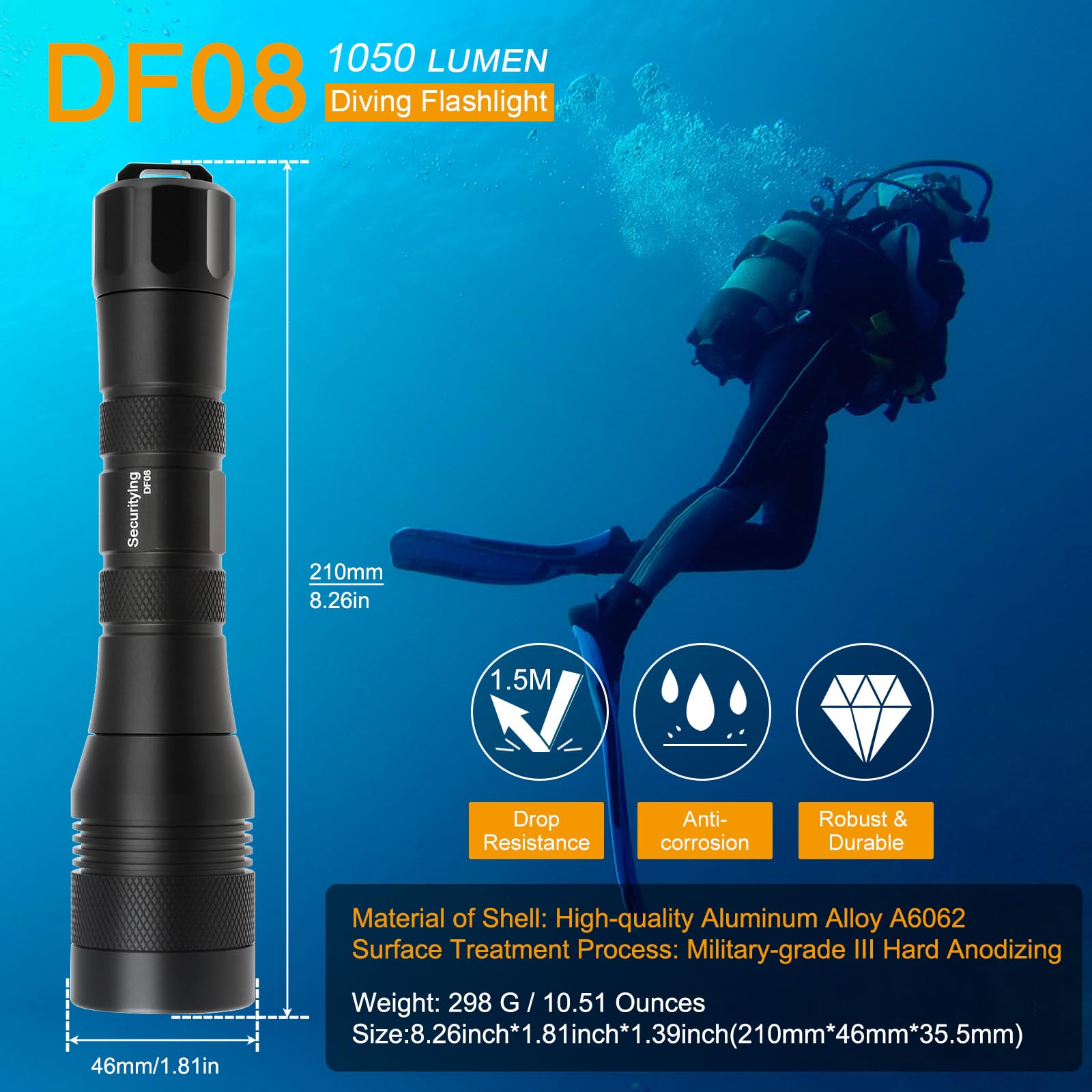 Securitying Waterproof 1000 Lumens Led Diving Flashlight Underwater 150M Super Bright Led Scuba Light, 9 Degrees Narrow-Angle Beam Diving Safety Light Night Dive Torch