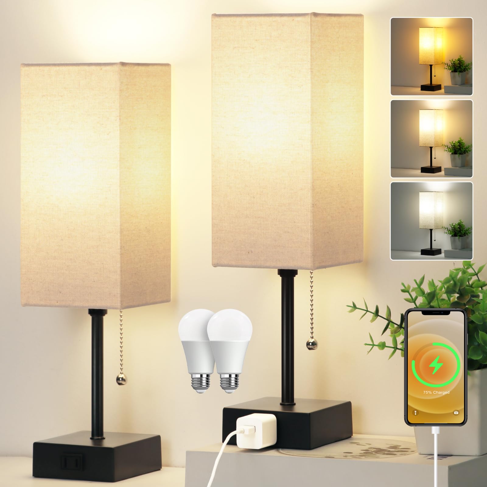 Dott Arts 15'' Table Lamp For Bedroom Set Of 2,3-Color Bedside Lamps With Pull Chain Table Lamps For Night Stands With Ac Outlet,Small Night Light Lamps With 2 Bulbs Lamps For Living Room Kids Room Office Decor