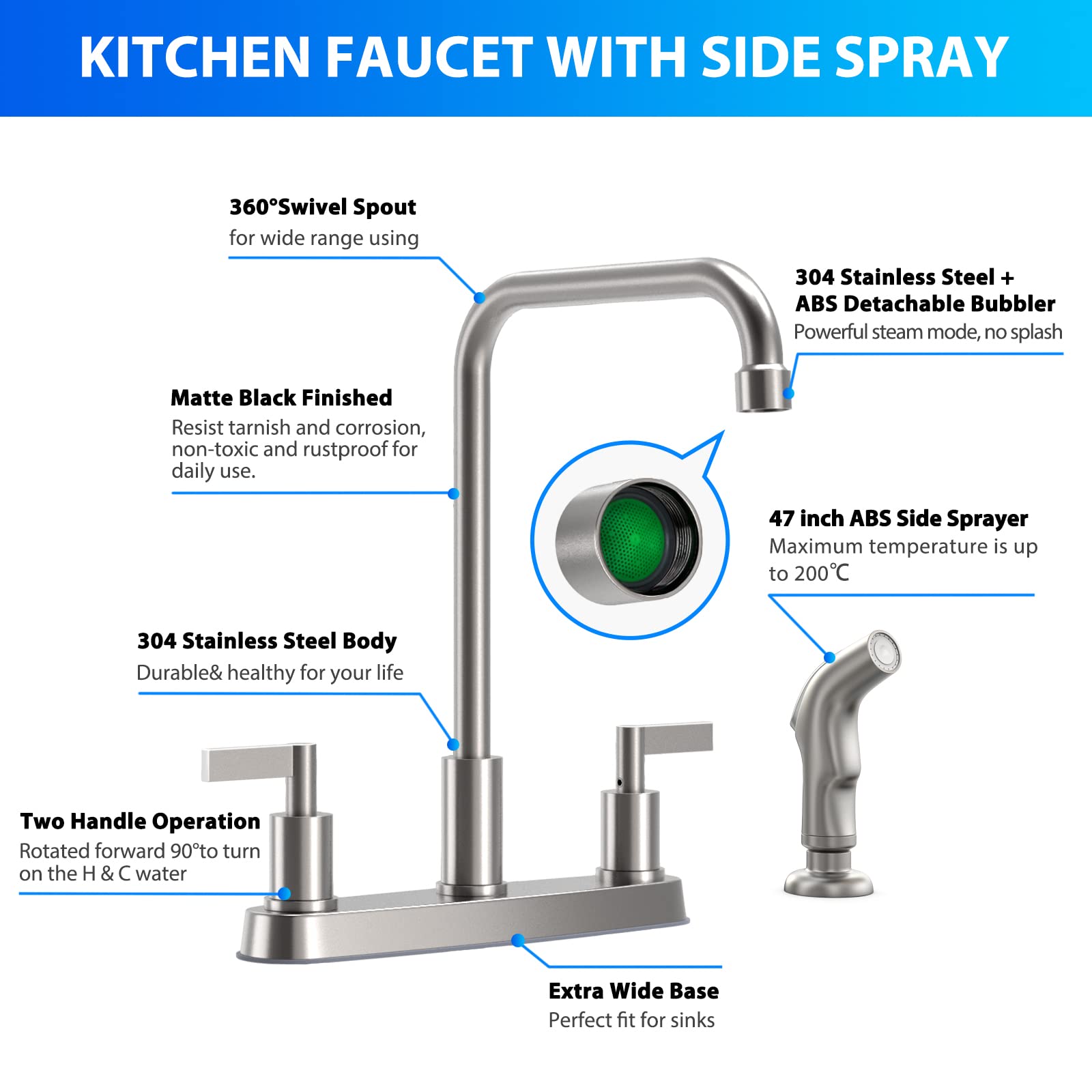 Gowin Kitchen Faucet With Sprayer,Brushed Nickel Kitchen Sink Faucet,3 Hole Or 4 Hole Faucet For Kitchen Sink,Stainless Steel 2 Handle Kitchen Faucet With Side Sprayer,4 Hole Kitchen Faucets