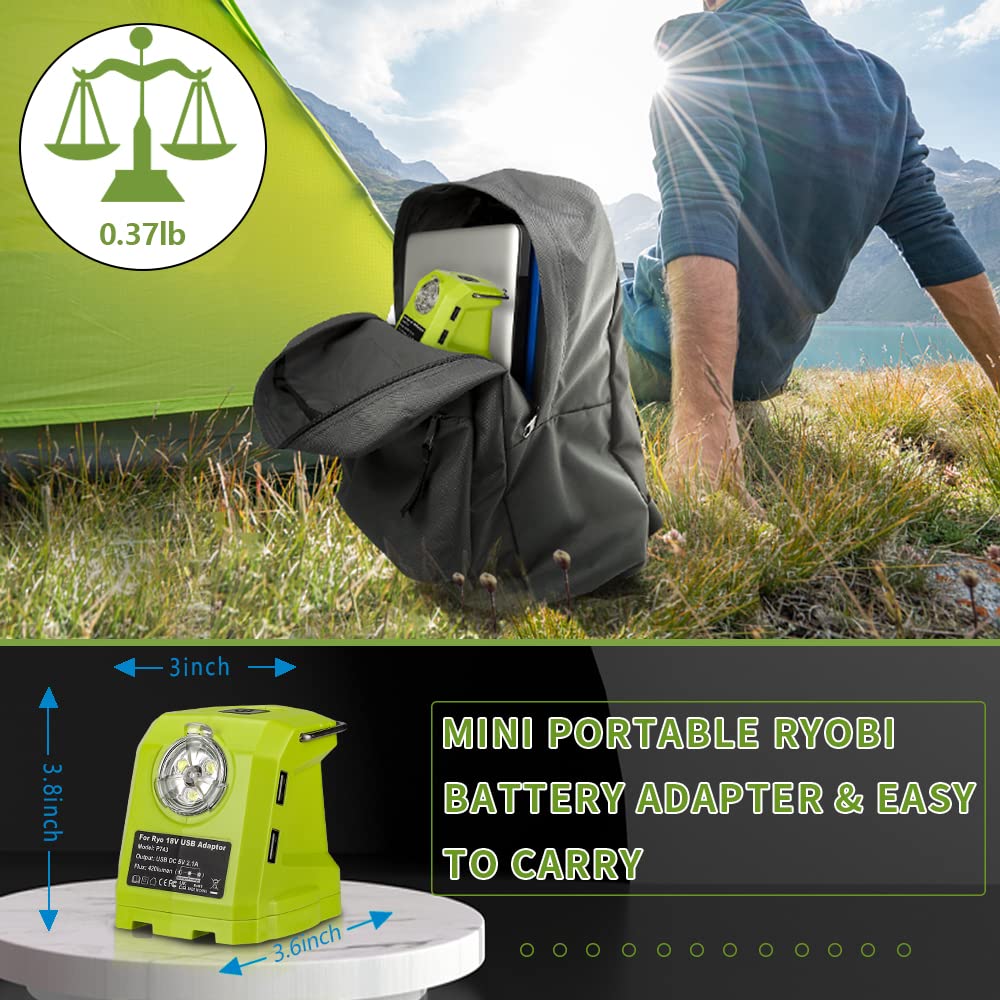 Hiesuan Portable Flashlight For Ryobi 18V Battery, 420Lm Led Work Light With 2 Usb Ports, 3 Light Modes And Foldable Hang Hook, Worklight Outdoor Camping Lantern For Emergency