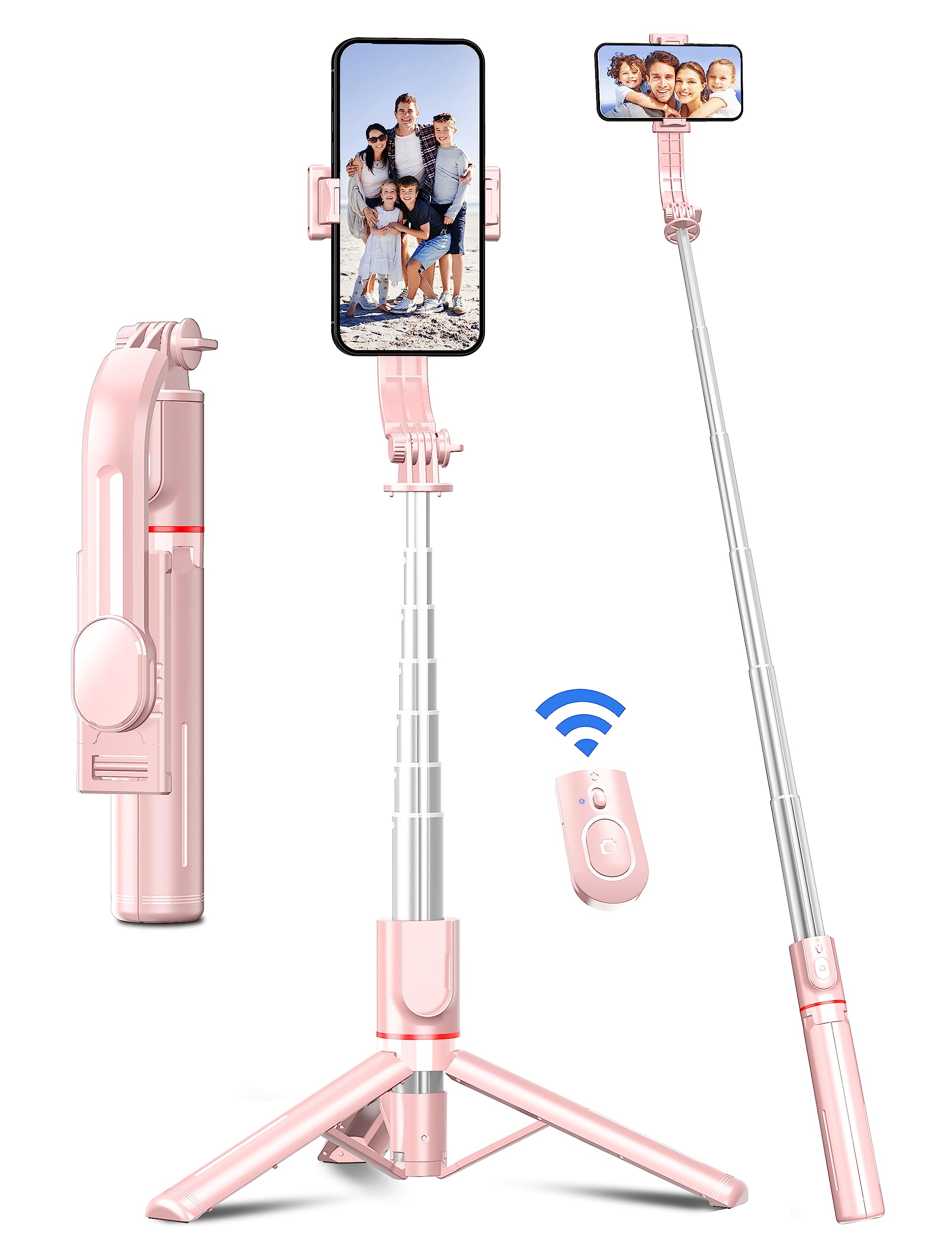 Selfieshow 41'' Phone For Tripod, Selfie Stick Tripod Stand With Wireless Remote Extendable Aluminum Cell Phone Tripod Stand 360°Rotate Lightweight & Portable Tripod Compatible With Iphone/Android (Pink)