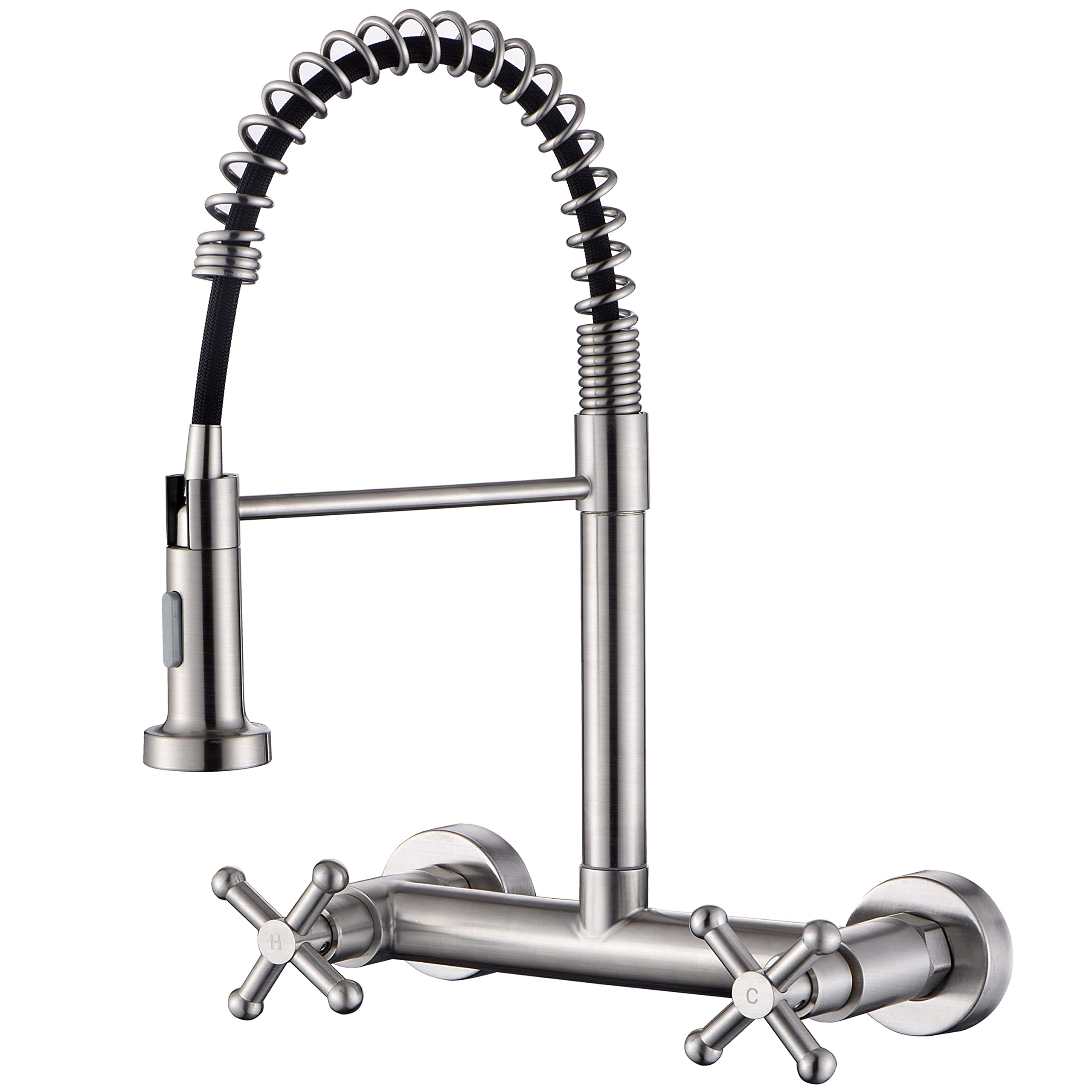Hosilova Wall Mount Kitchen Sink Faucet With Pull Out Sprayer Tow Function Commercial Spring Faucets 2 Industrial Handle High Arc Center Kitchen Faucets, Brushed Finish