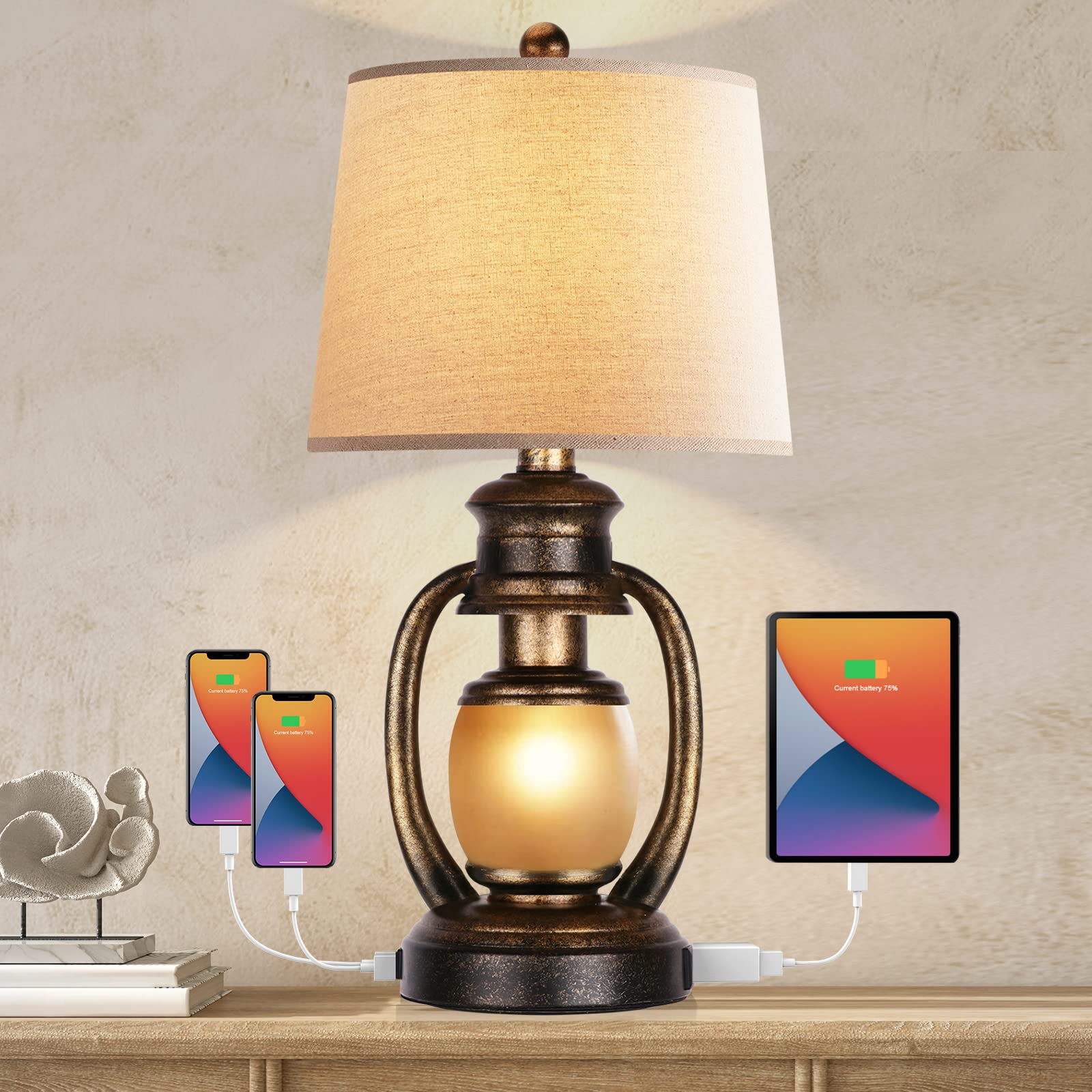 Hamucd Rustic Table Lamps For Living Room Single Lantern Bedside Lamps With Oatmeal Tapered Drum Shades For End Table Bedroom Nightstand Hotel With 2 Usb Ports And One Ac Outlet