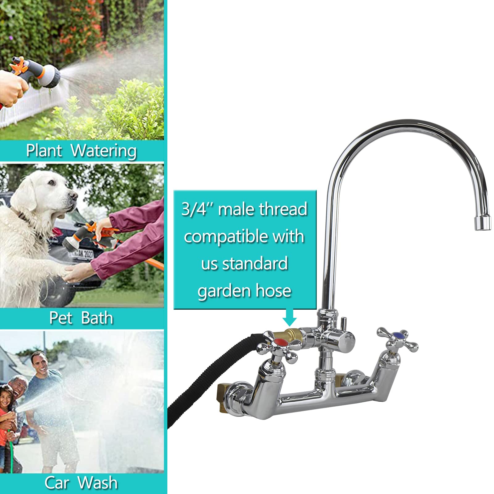 Yoogyy Wall Mount Kitchen Commercial Faucet 8 Inch Center With 8 Inch Spout 2-Handle For Home Restaurant Backsplash Mount On 2 Or 3 Bay Prep & Utility Compartment Sink