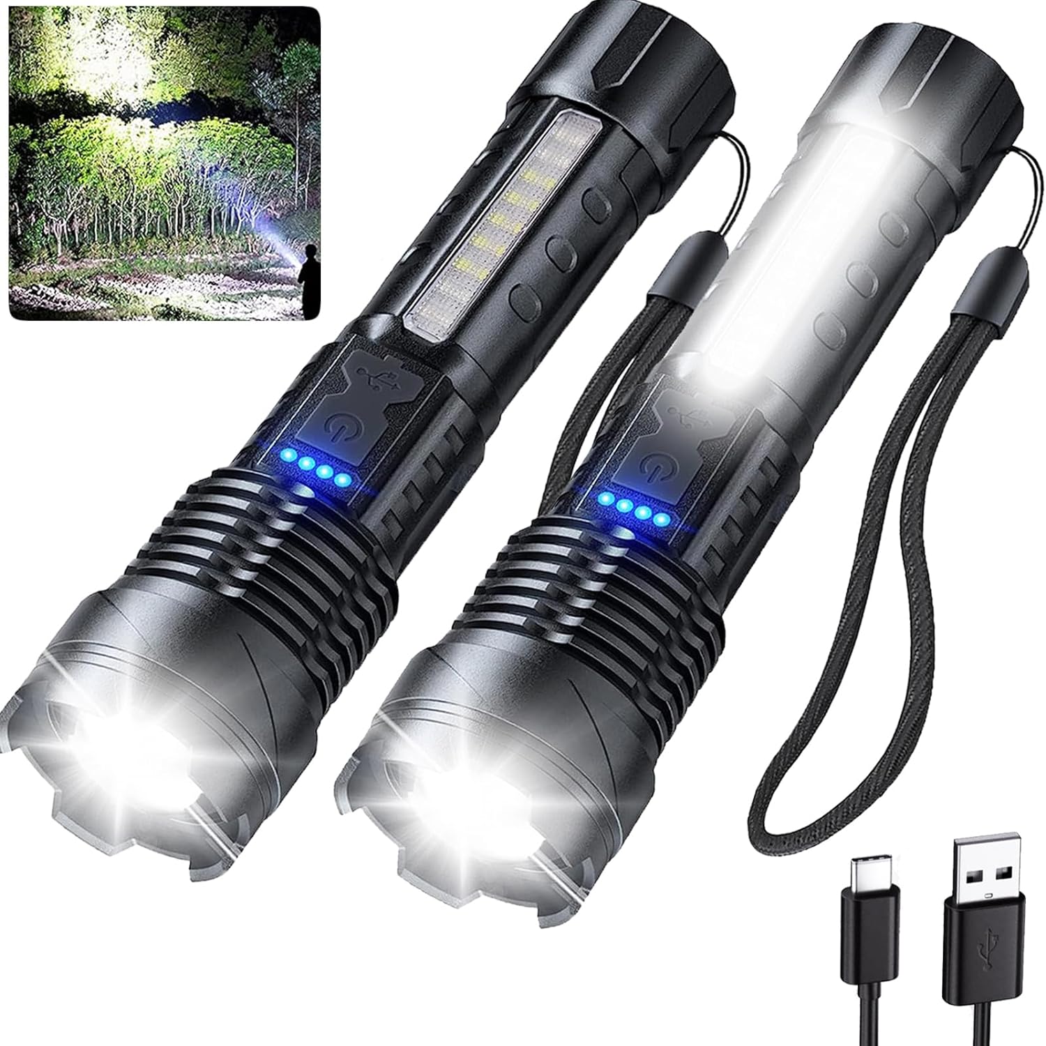 Ewenele Flashlights High Lumens Rechargeable 2 Pcs, 1,000,000 Lumens Led Tactical Flashlight Battery Powered With 7 Light Modes, Cob Side Light, Usb C, Waterproof, Zoomable, Powerful Handheld Flash Lights