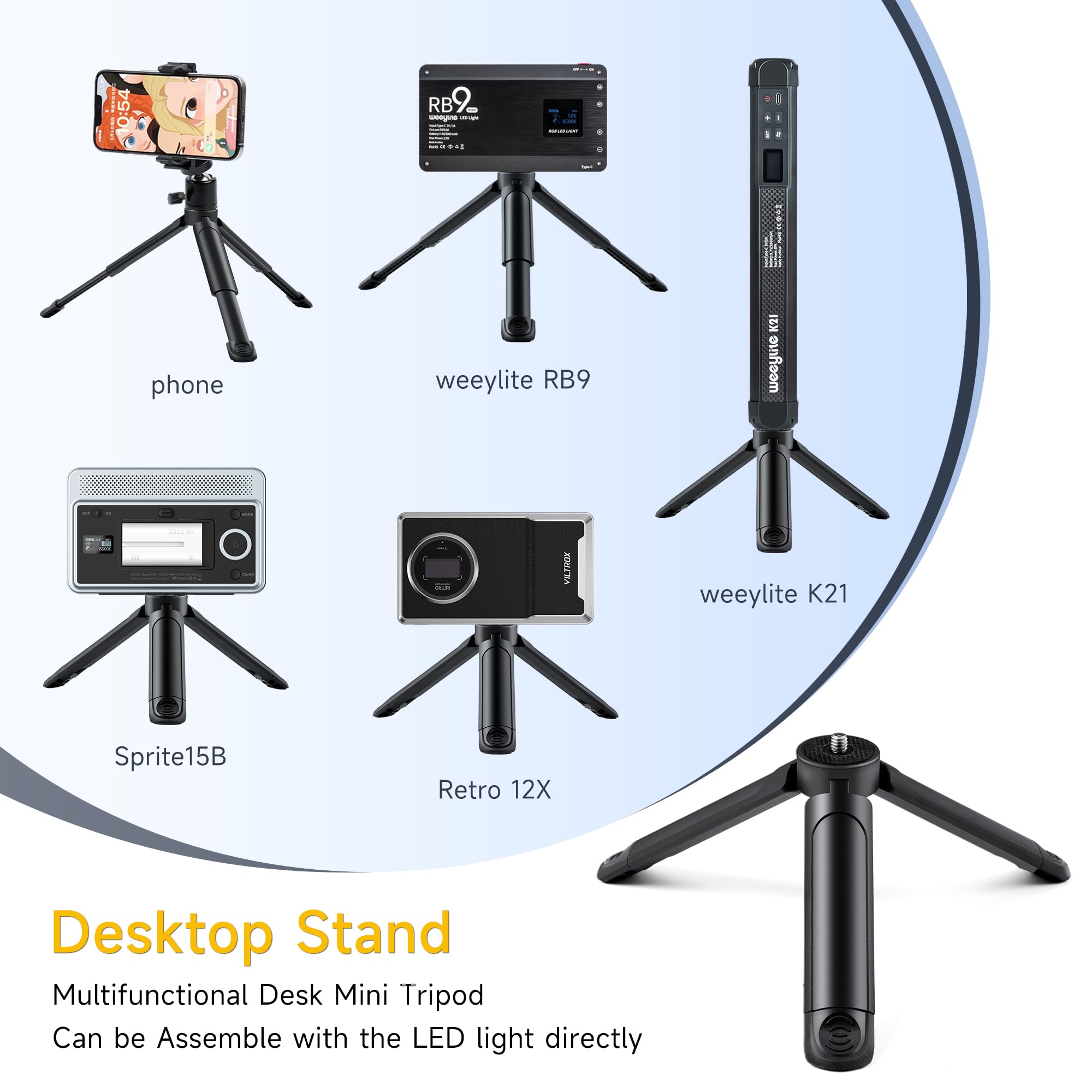 Weeylite 1/4 Mini Tripod, C01 Pro Tabletop Desktop Stand Compact Tripod With 1/4" Screw For K21 Stick Light, Retro 12X Photo Light,Camera,Smooth 4,Osmo Mobile,Vimble 2,Gimbal Handle Grip Stabilizer