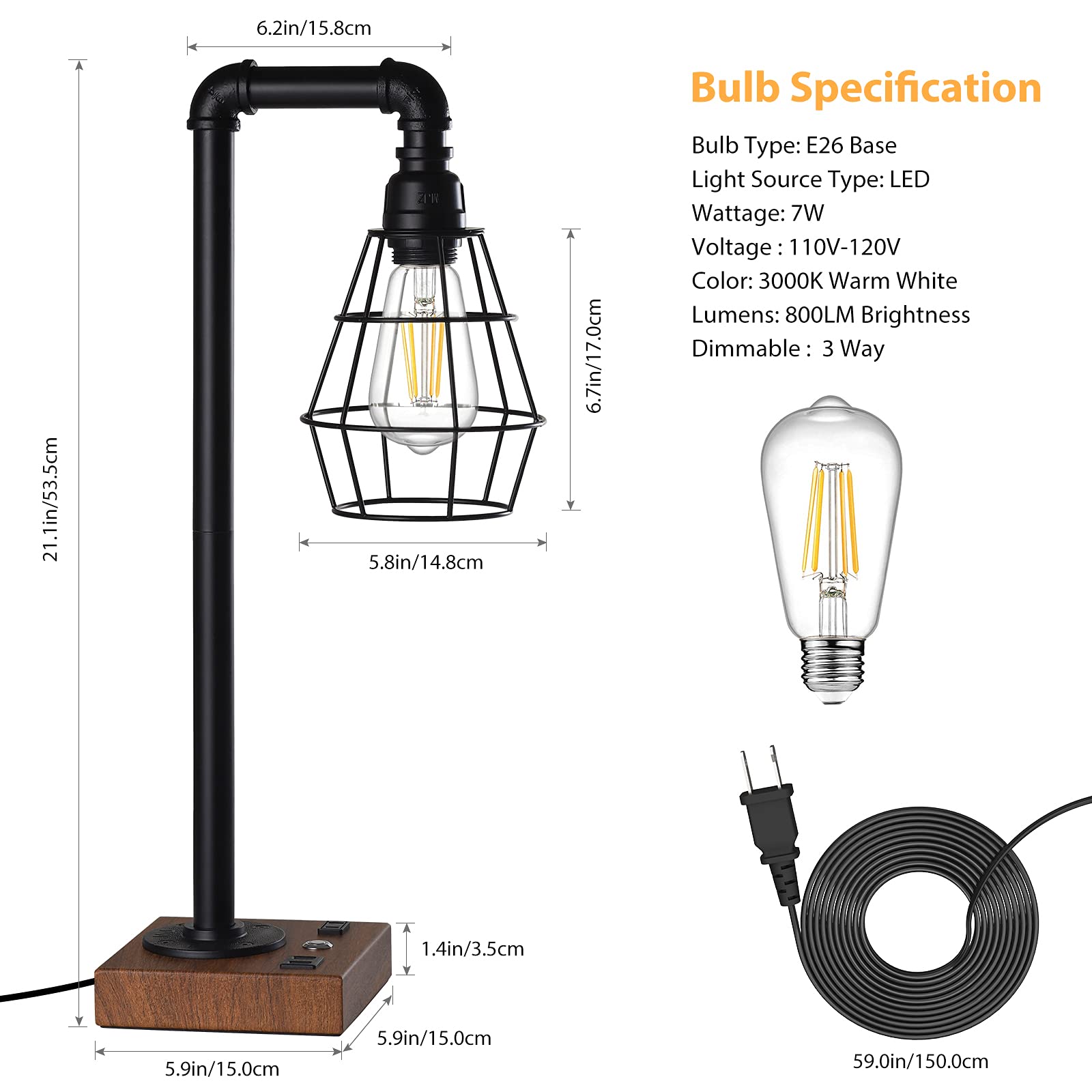 Caduke Industrial Touch Control Table Lamp, Led Bulb Included, 3 Way Dimmble Lamp With 2 Usb Ports And Ac Outlet, Bedside Nightstand Desk Lamps With Metal Cage Shade For Bedroom Living Room Farmhouse