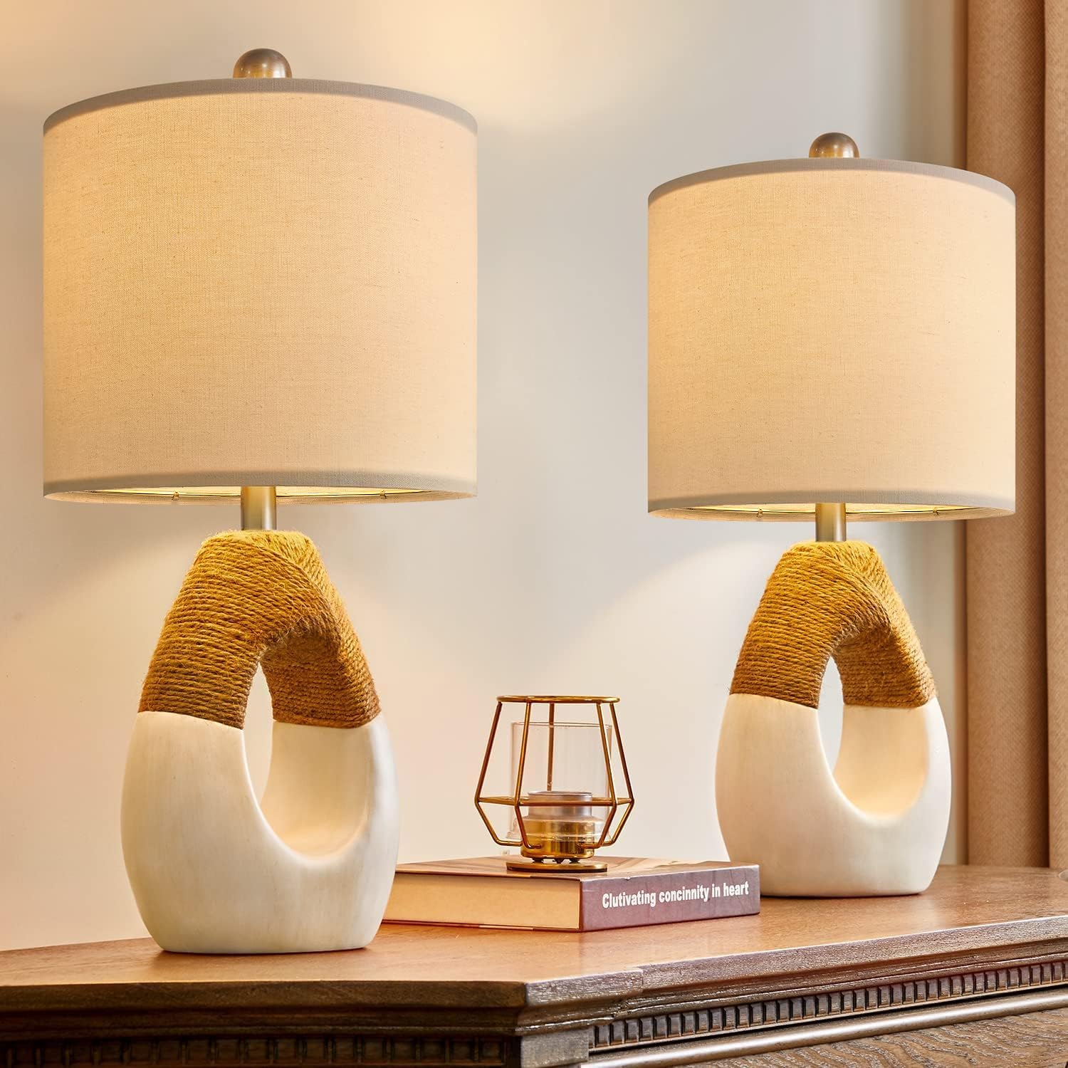 Oyears Boho Table Lamps Bedroom Living Room Set 2 Small Farmhouse Rattan Table Lamp 19”Rustic Home Decoration Nightstand Bedside Lamp For Office Compatible With Smart Light Bulbs(Not Include Bulbs)