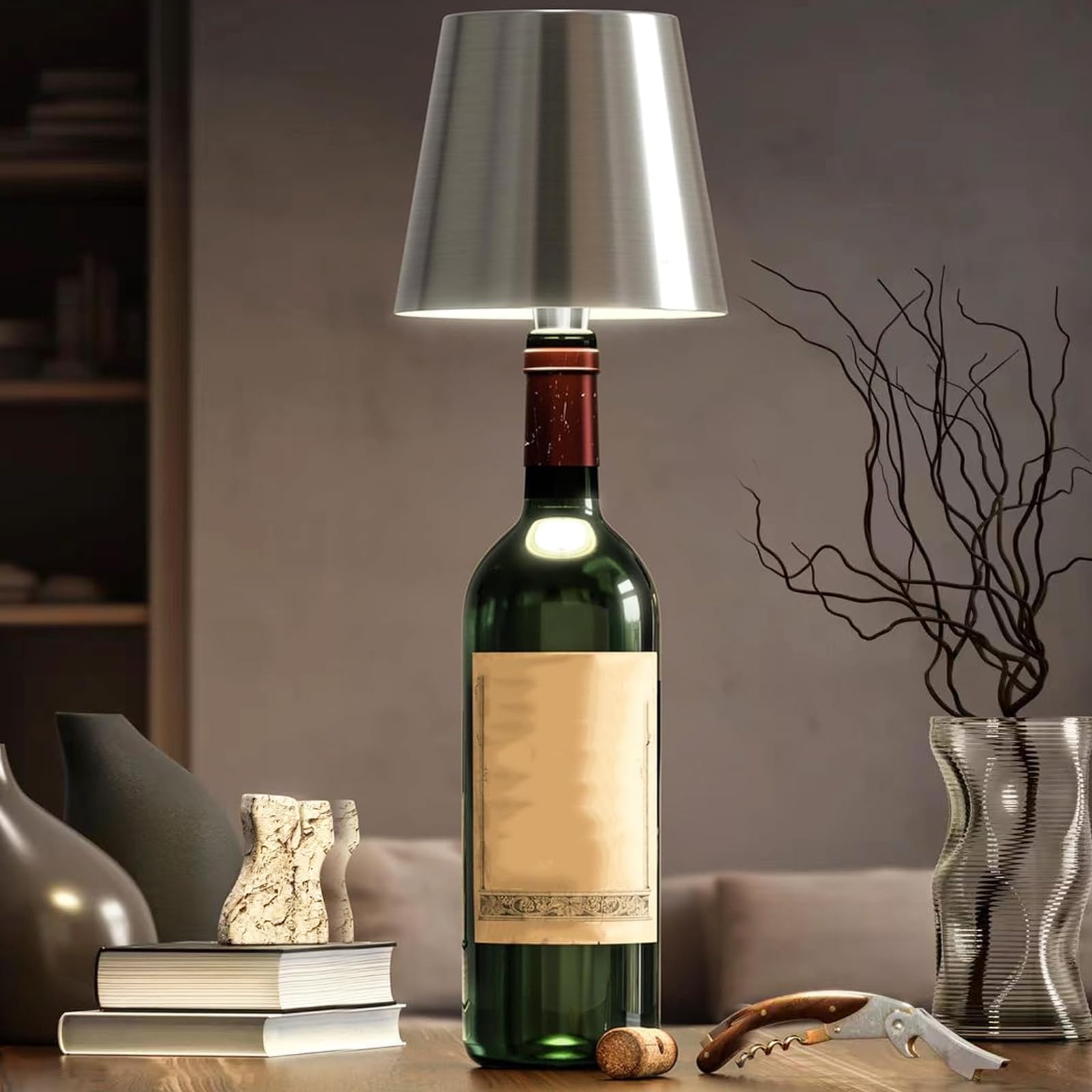 Neioaas Wireless Bottle Lamp, 3 Color Stepless Dimming Usb Rechargeable Wine Bottle Lights, Touch Led, Silver