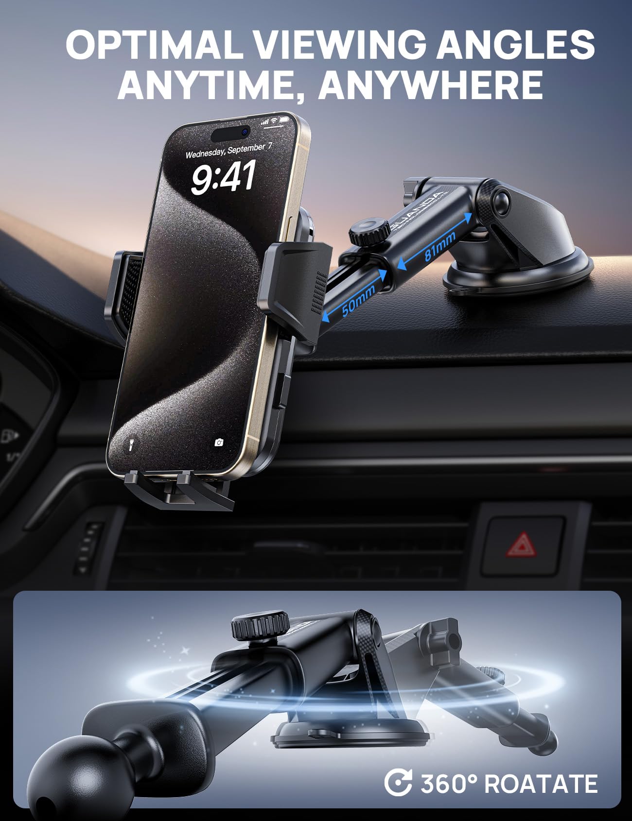 Guanda Technologies Co., Ltd. Adjustable Windshield Phone Mount For Car, Suction Cup Dashboard Holder For All Cell Phone, (+Vent Hook) [Military Grade Stable], Non-Slip Silicone Carbon Fiber, (Black)