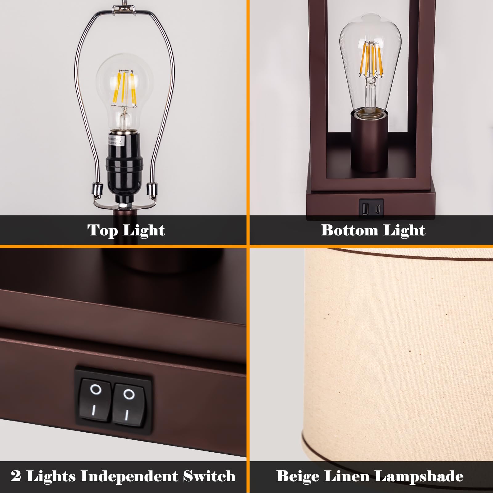 Roravilila Brown Bedroom Lamps With Dual Usb Ports Set Of 2, Farmhouse Living Room Table Lamps With Up&Down Lights For Bedside Night Stand, 25” Oil Rubbed Bronze