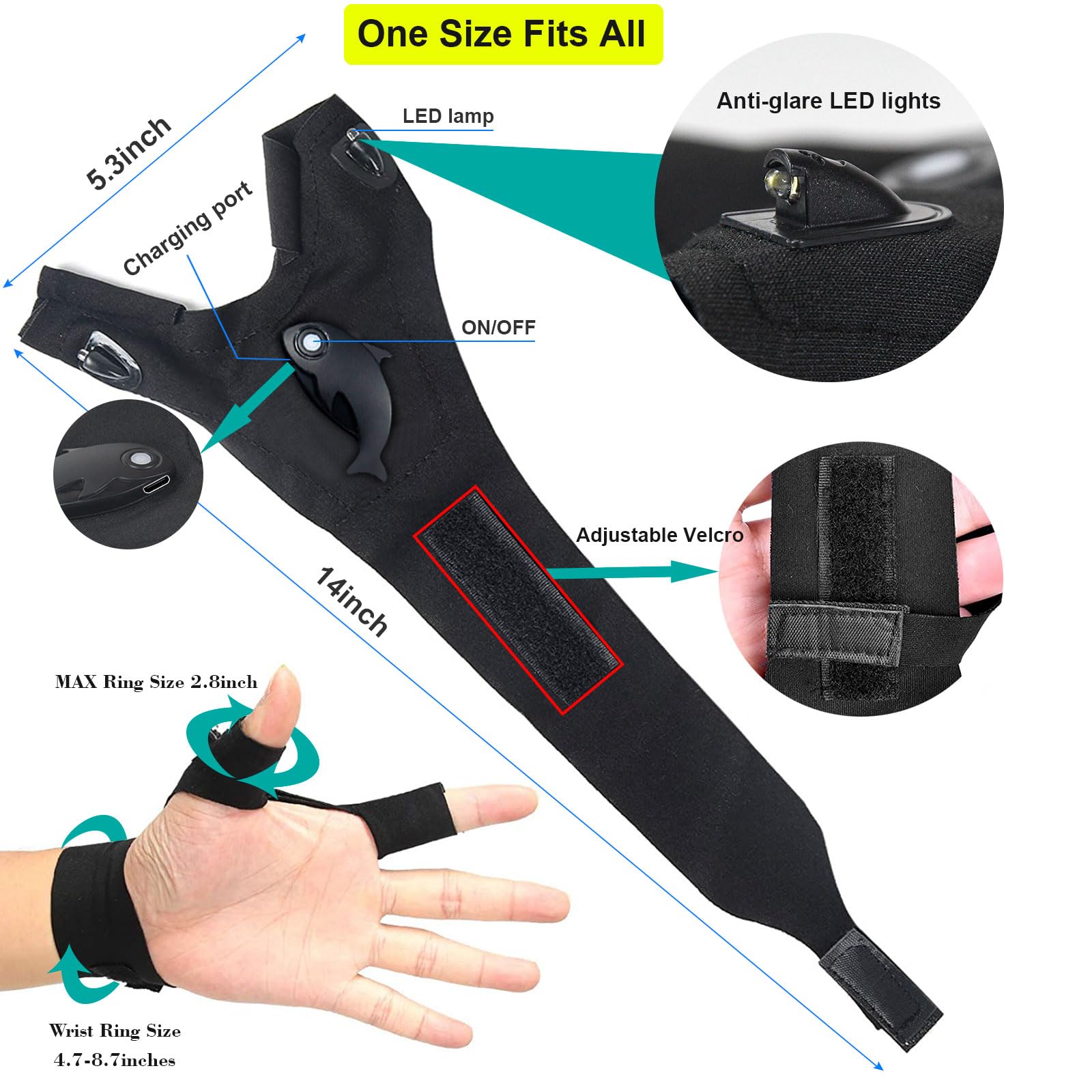 Hikoolss Waterproof Rechargeable Led Flashlight Gloves, Adjustable Strap, One Size Fit All, Black