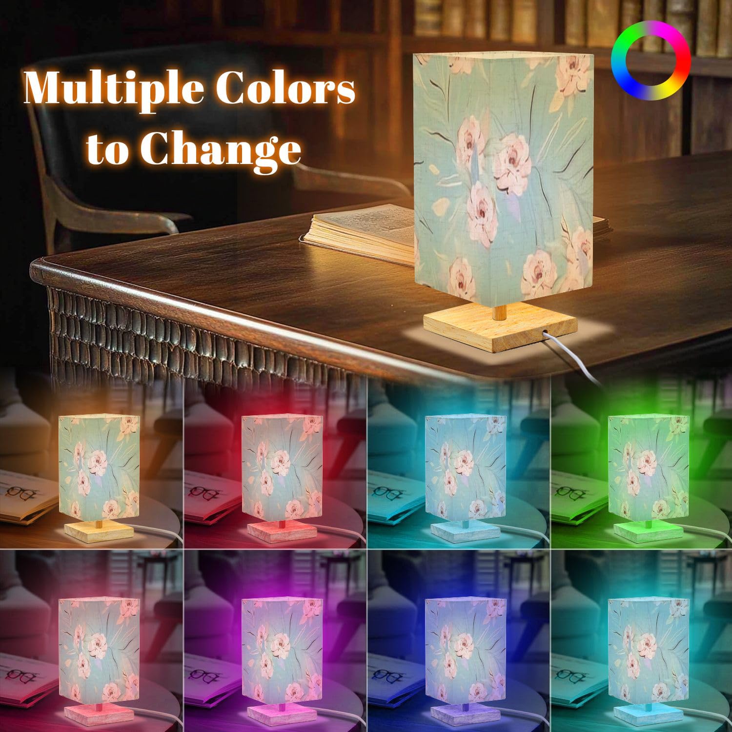 Lasenlanp Bedside Table Lamp Feminine Floral Seamless Pattern Fashionable For Dimmable Minimalist Nightstand Lamp Square Wood Base Flaxen Fabric Shade Desk Lamps For Bedroom Living Room