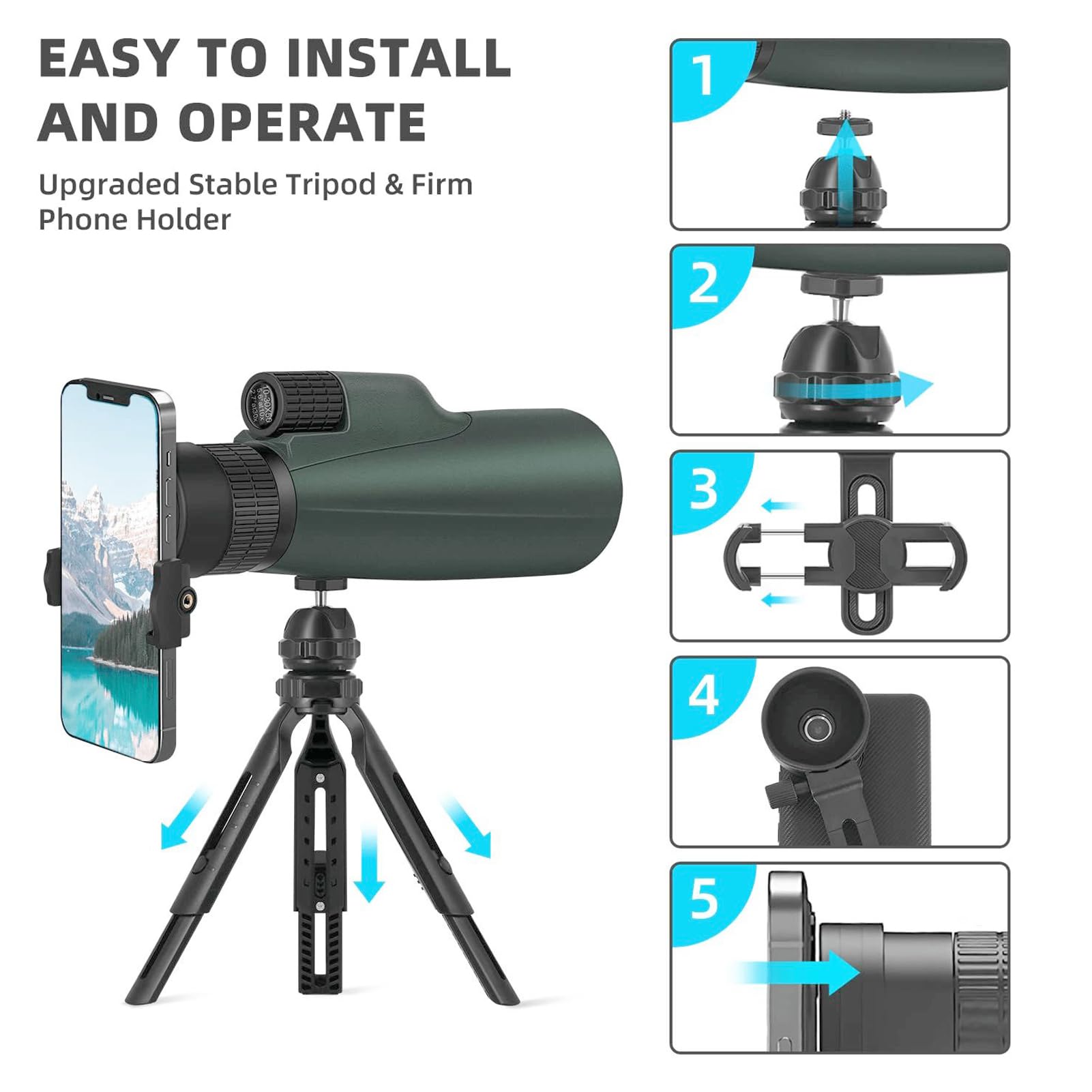Tiyimiyuxu 10-30X50 Zoom Monocular Telescope For Adults - High Power Hd Monocular With Tripod & Adapter, Rubber Armor,Waterproof Large Objective Monoculars - For Opera, Bird Watching, Hiking,Travel