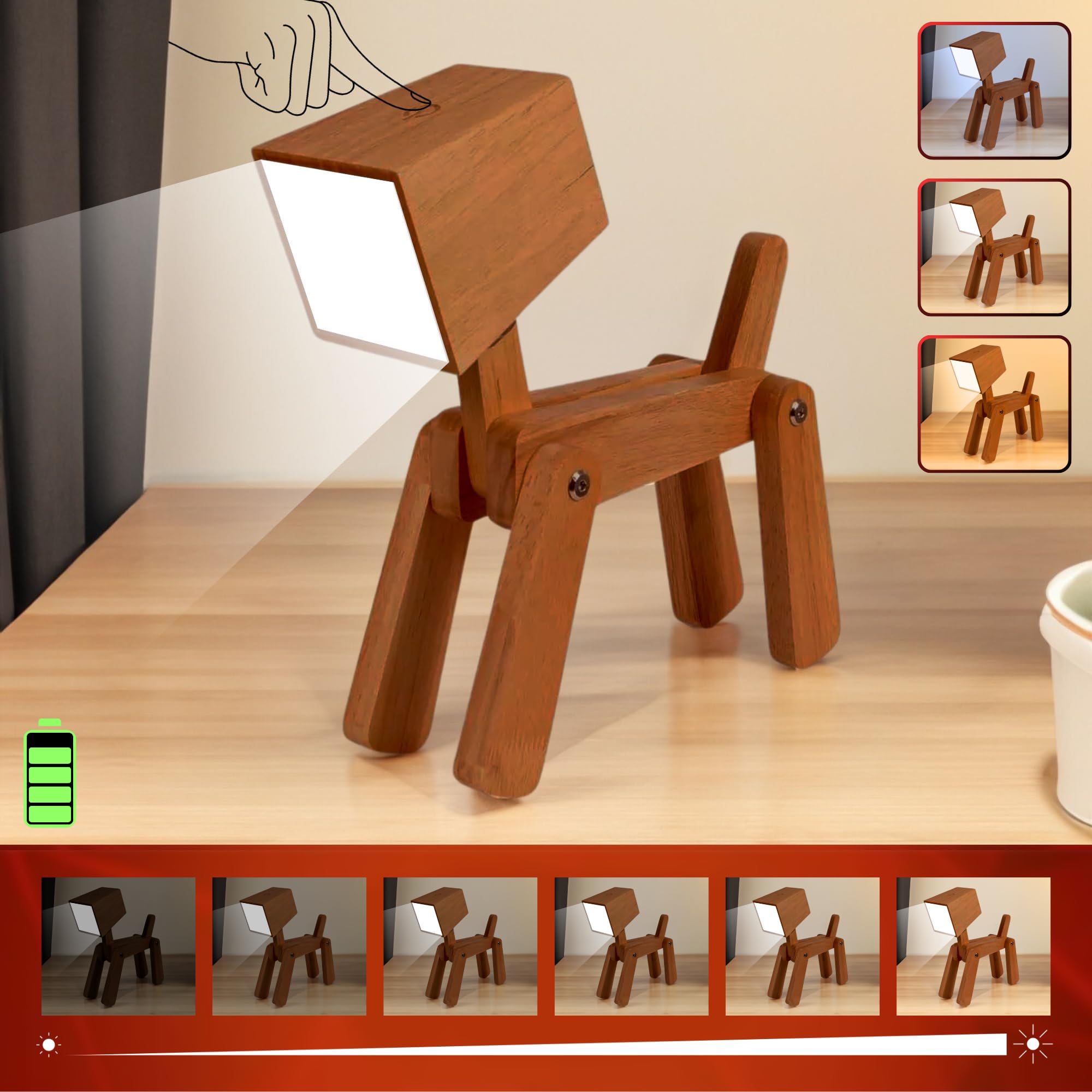 Artistic Gifts Wooden Dog Table Lamp Kids Room, Bedroom Study, Office | Adjustable Dog Shape Portable Cute Animal Desk Lamp Unique Night Lamp Dimmable, Touch Control, Warm White Light. (Walnut)