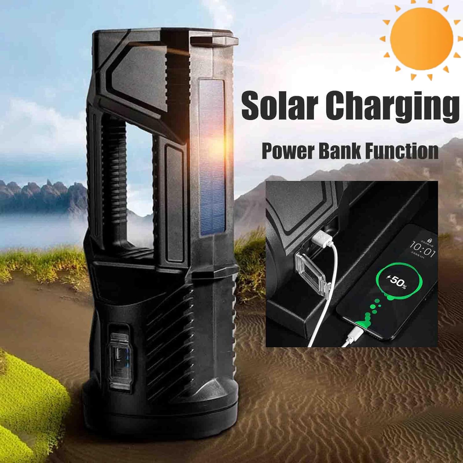 Fetnhu  German 1000000 Lumens Waterproof Spot Lights Handheld Large Searchlight, Asaruley Light, Spot Lights Outdoor Handheld, Rechargeable Solar Utility Flashlight (M)