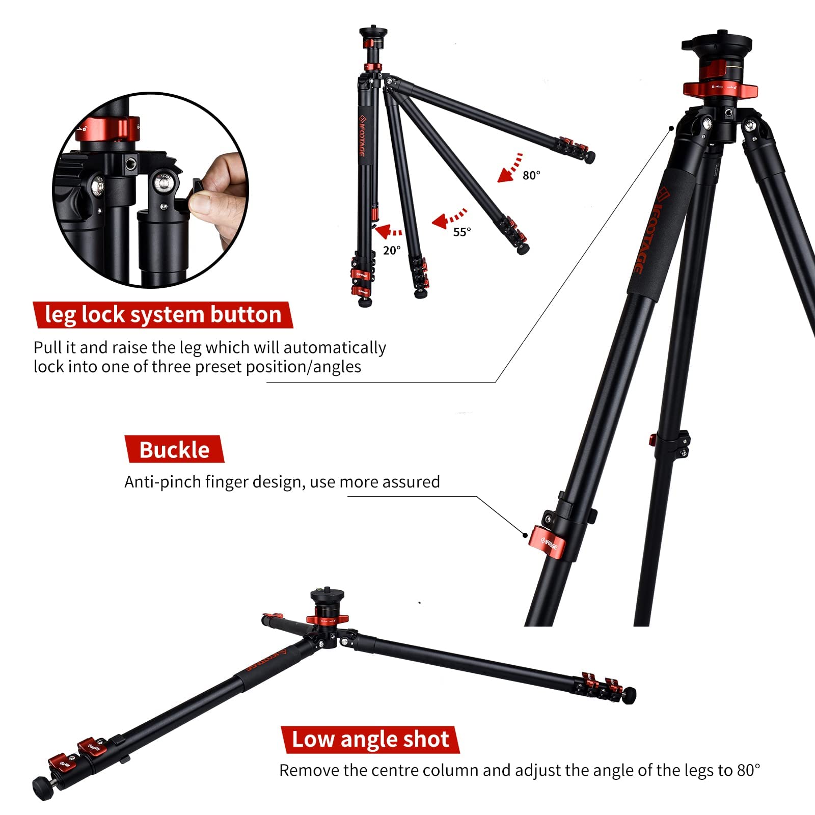 Ifootage Tripod Tc6S 65" Carbon Fiber Video Tripod, Professional Camera Tripods 3 Sections With Centre Pole, Payload 17.6 Lbs