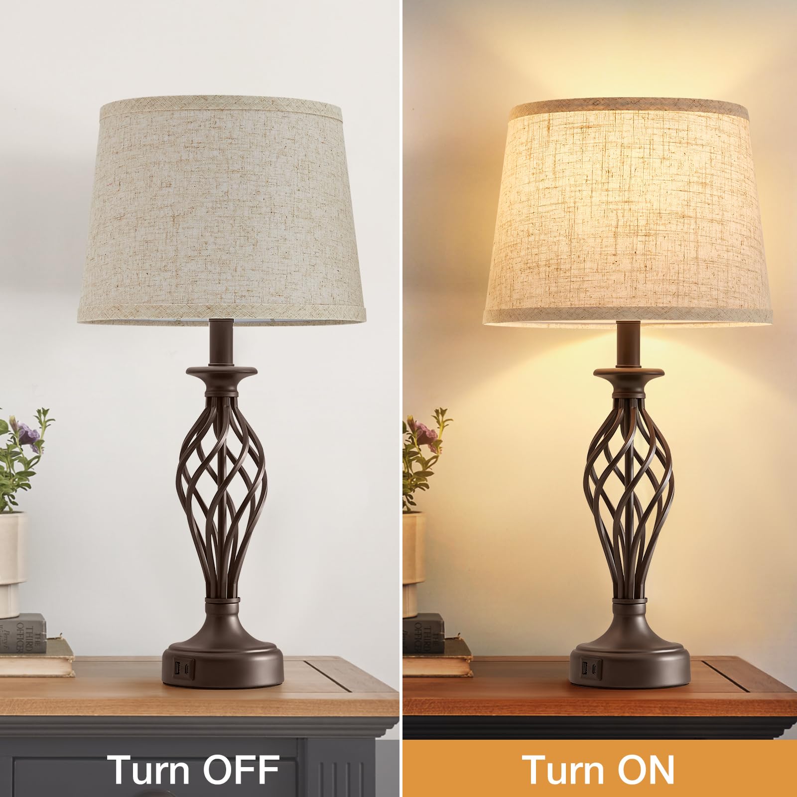 Ejiaxin Table Lamp For Bedroom Set Of 2 With Usb C+A Ports - Modern Brown Bedside Lamps With Spiral Cage Base Fabric Shade - Nightstand Lamp For Living Room Reading Bed Side End Table 2 Led Bulbs Included