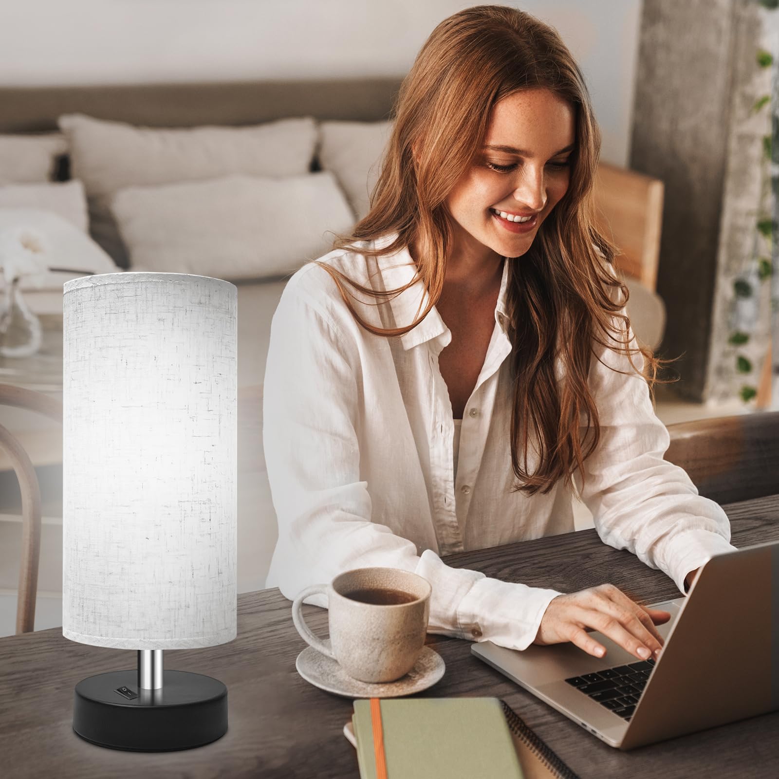 Degnju Small Lamp For Bedroom, Bedside Lamps For Night Stands, Mini Minimalist Table Lamp With Round Flaxen Fabric Shade, 11.4 Inch Desk Reading Lamp For Dorm Room Living Room Office Room, 2 Pack