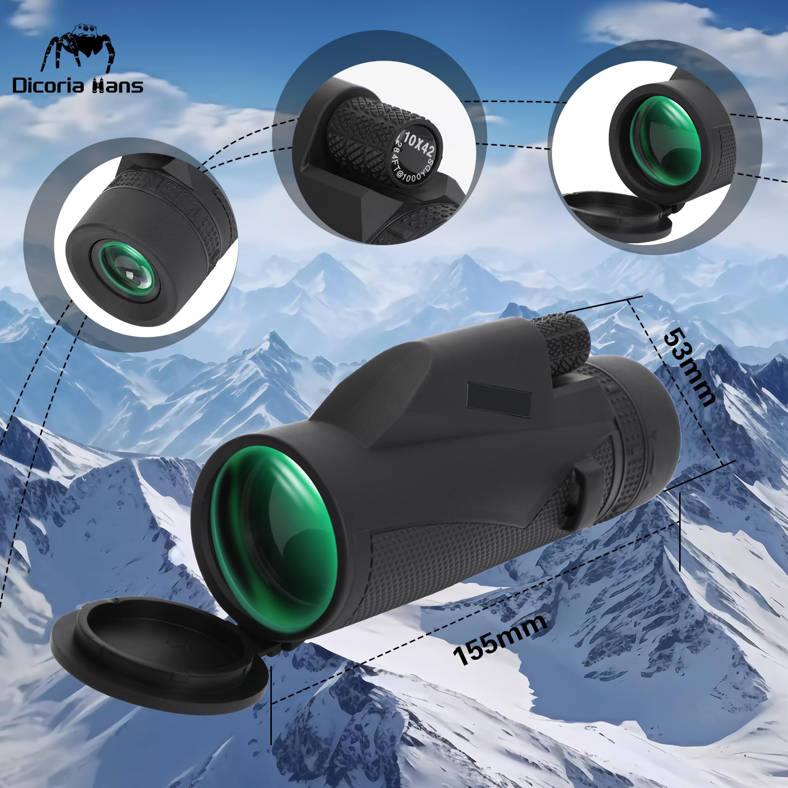 Dicoria Hans 10X42 Compact Monocular, Smaller Size Easier To Carry Around For Bird Watching Hunting Camping Hiking Sport Game Concerts