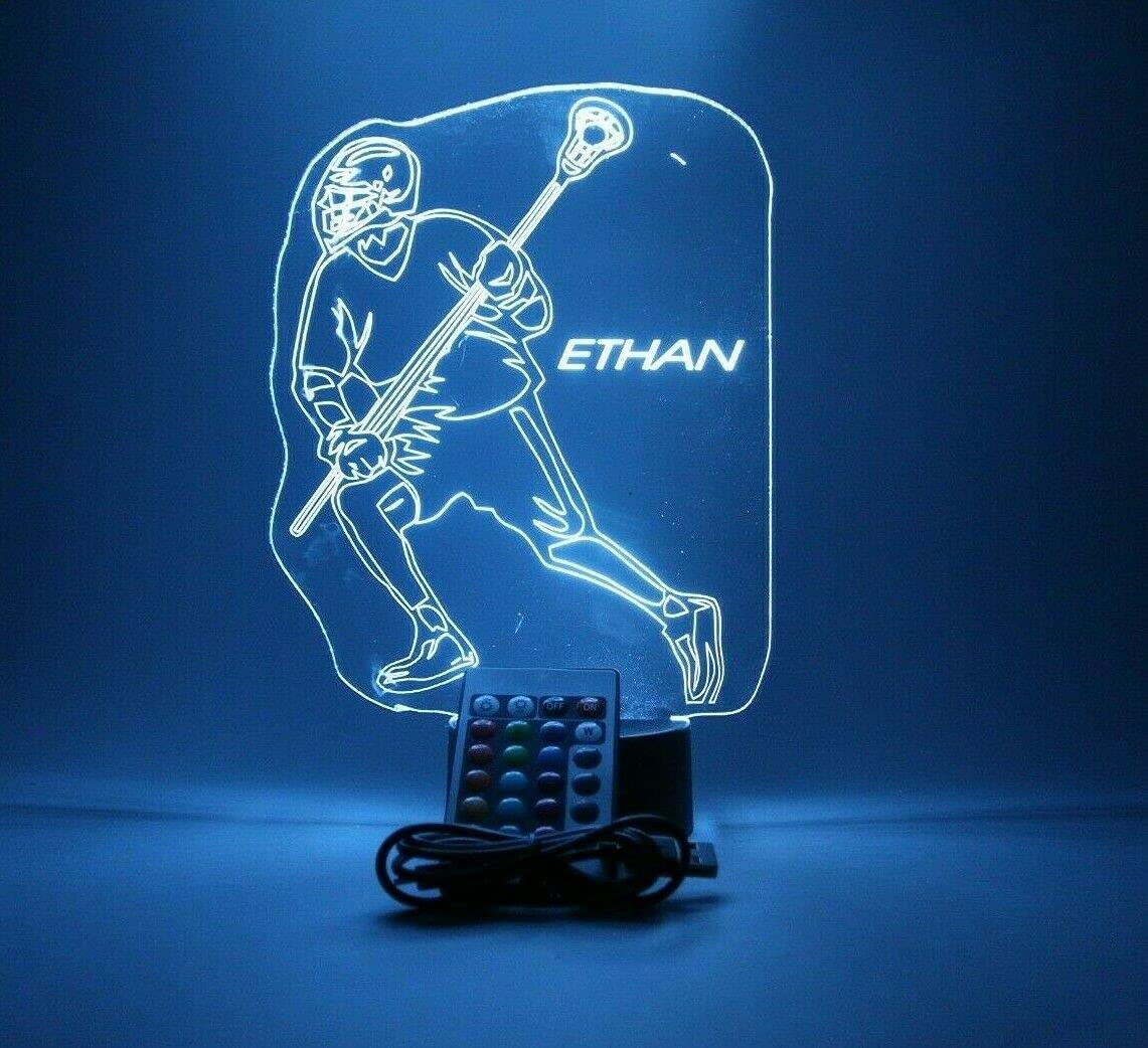 Mirror Mania Lacrosse Player Night Light Up Table Lamp Sports Led Engraved Custom Name Personalized Energy Efficient Home Decor Ideal For Any Room Or Hallway With Remote, 16 Color Options, It'S Wow, Great
