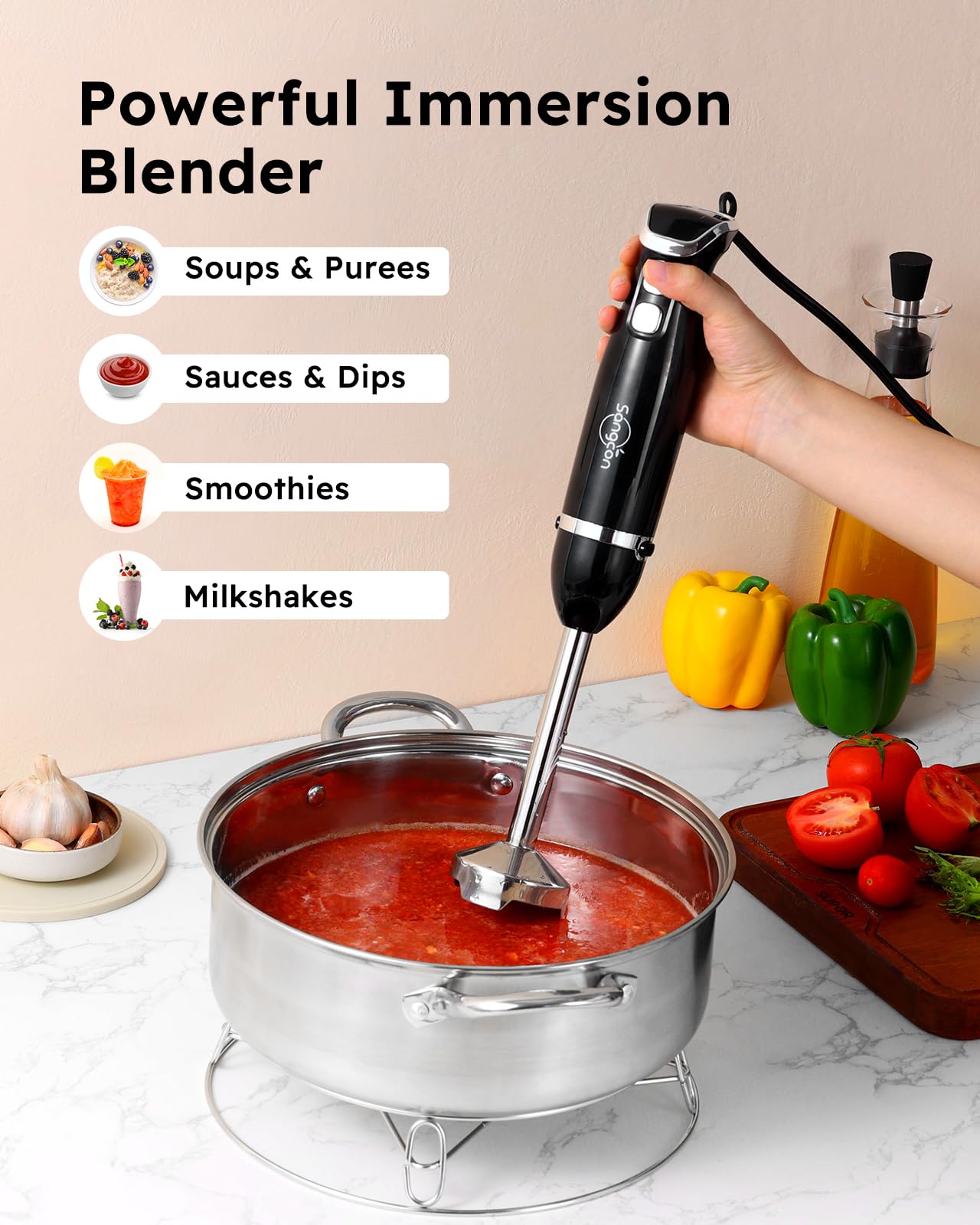 Sangcon Bundled 6-In-1 Immersion Blender Handheld, Hand Blender With Chopper & 34Oz Blending Cup Storage Base, 2-Speed Adjustable Stick Blender