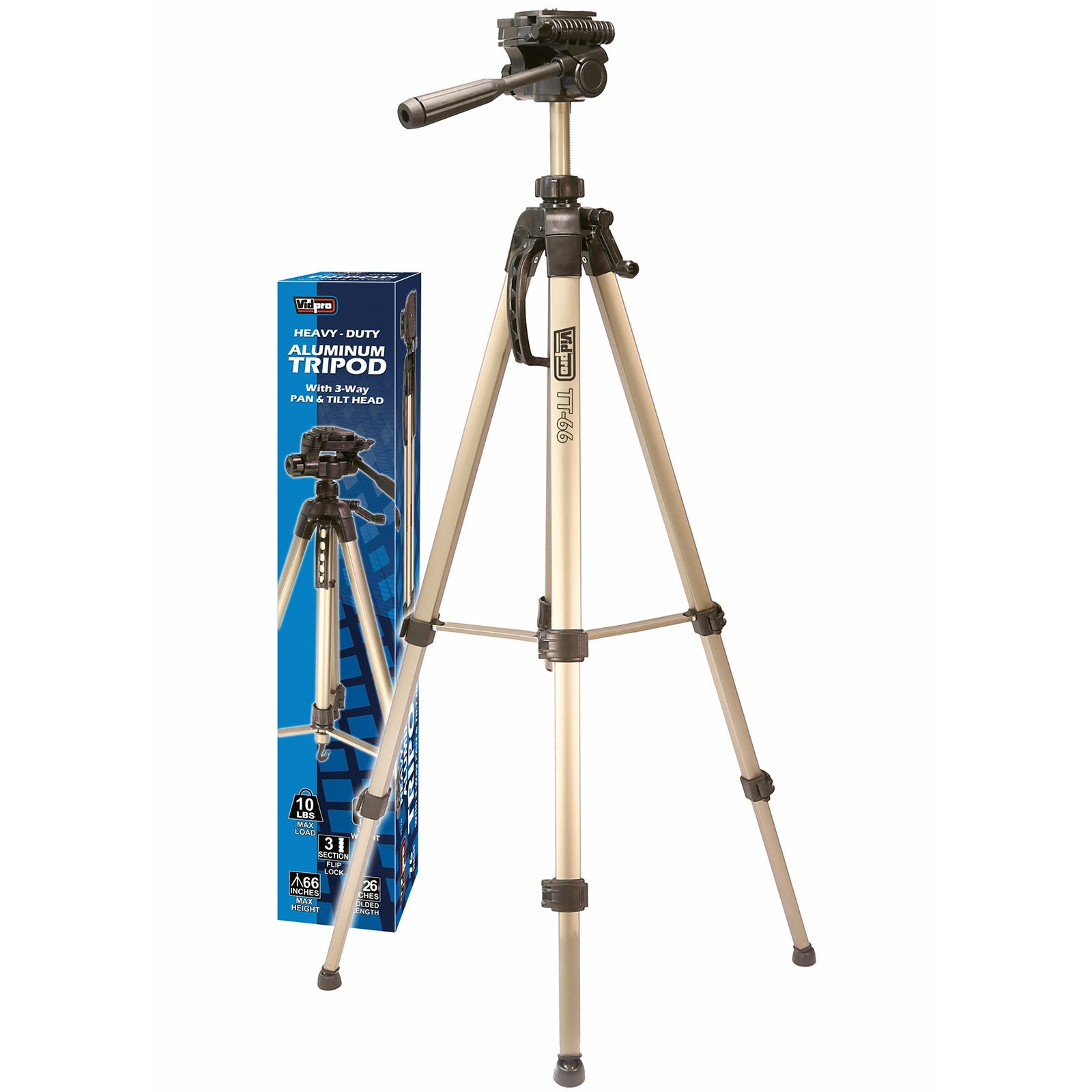 Vidpro Heavy Duty 3-Section Aluminum Tripod With 3-Way Pan & Tilt Head, 66" Max Height