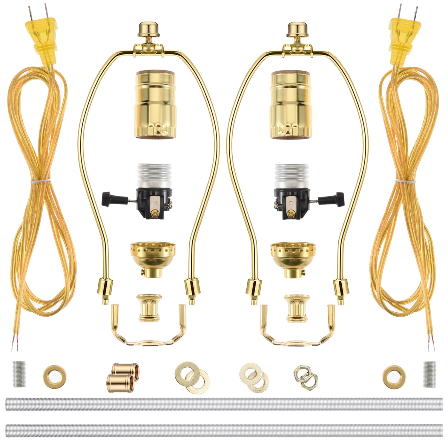 Canomo 2 Sets Table Lamp Kit Repair Or Diy Lamp Kit With 8 Inch Harp, 2 Pieces 12" Lamp Pipe, 3-Way Socket And All Parts Needed And Instructions For Diy Lamp Design Or Repair, Brass