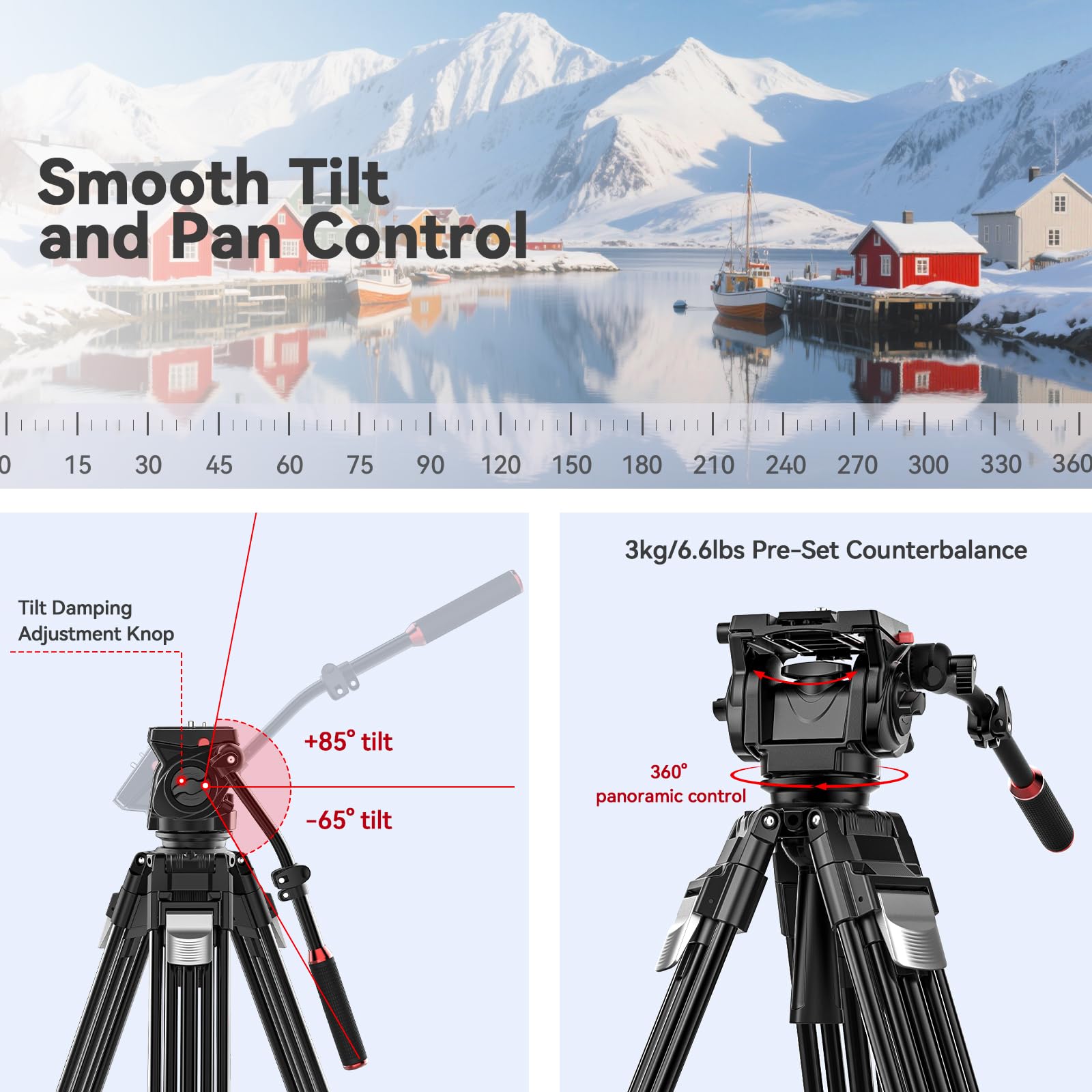 Takerers 74.8In/190Cm Video Tripod With Fluid Head 360°【One-Step Max Height】Aluminum Alloy Heavy Duty Tripod For Camera Dslr, Professional Video Camera With Damping Adjustable,Qr Plate, Max Load 33Lbs