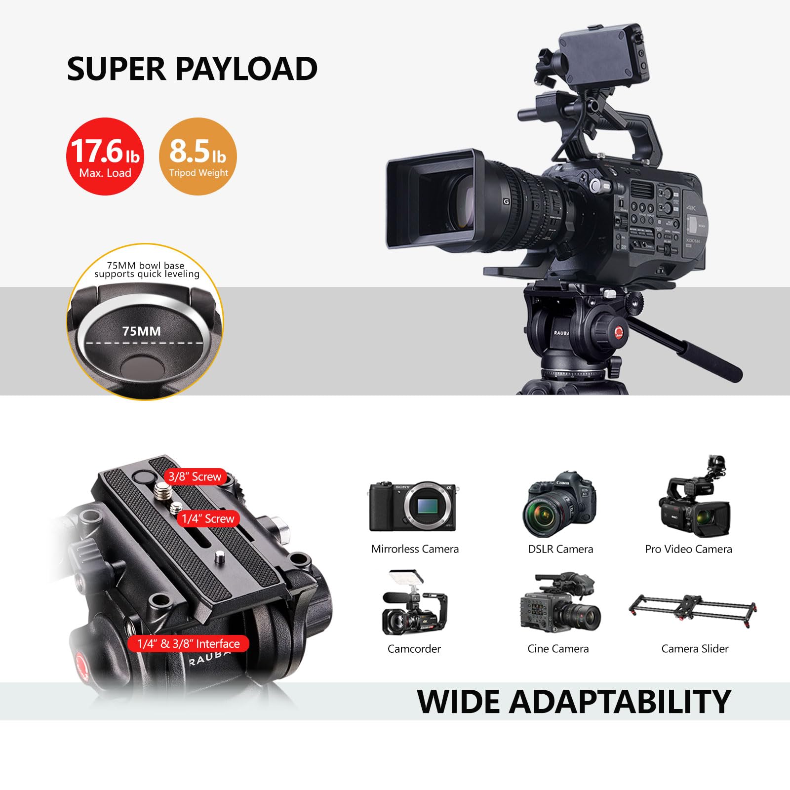 Raubay 69" Fluid Head Video Camera Tripod, Heavy Duty Camera Stands For Canon Nikon Sony Dslr, Camcorder, Digital Cine With Ground Spreader, Aluminium Twin Leg, Qr Plate, Max Load 17.6Lbs (Dv-2)