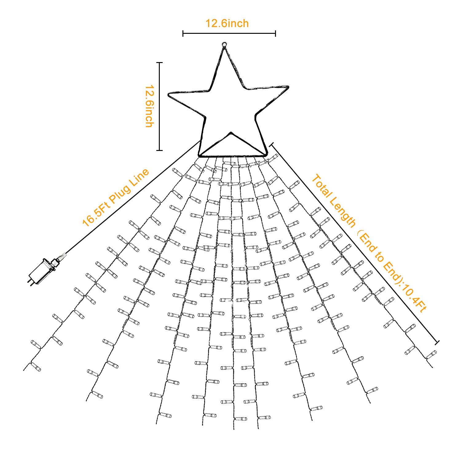 Miniao Christmas Decorations Star String Lights, 320 Led Waterfall Tree Lights With 13" Topper Star 8 Lighting Modes Indoor Outdoor Decorative For Year, Holiday, Wedding, Party