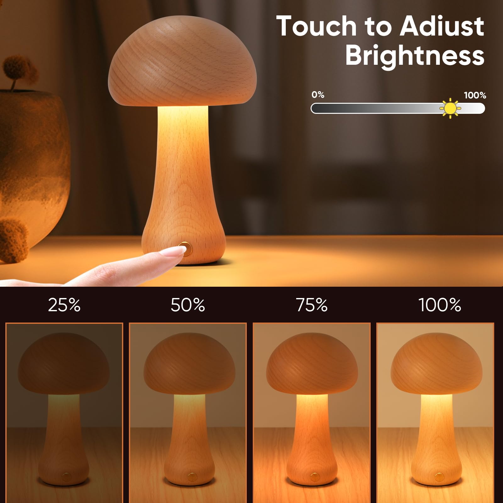 Lonrisway Small Wood Mushroom Lamp, Led Cordless Bedside Touch, Portable Dimmable Battery Mushroom Lamp For Bedroom Nightstand