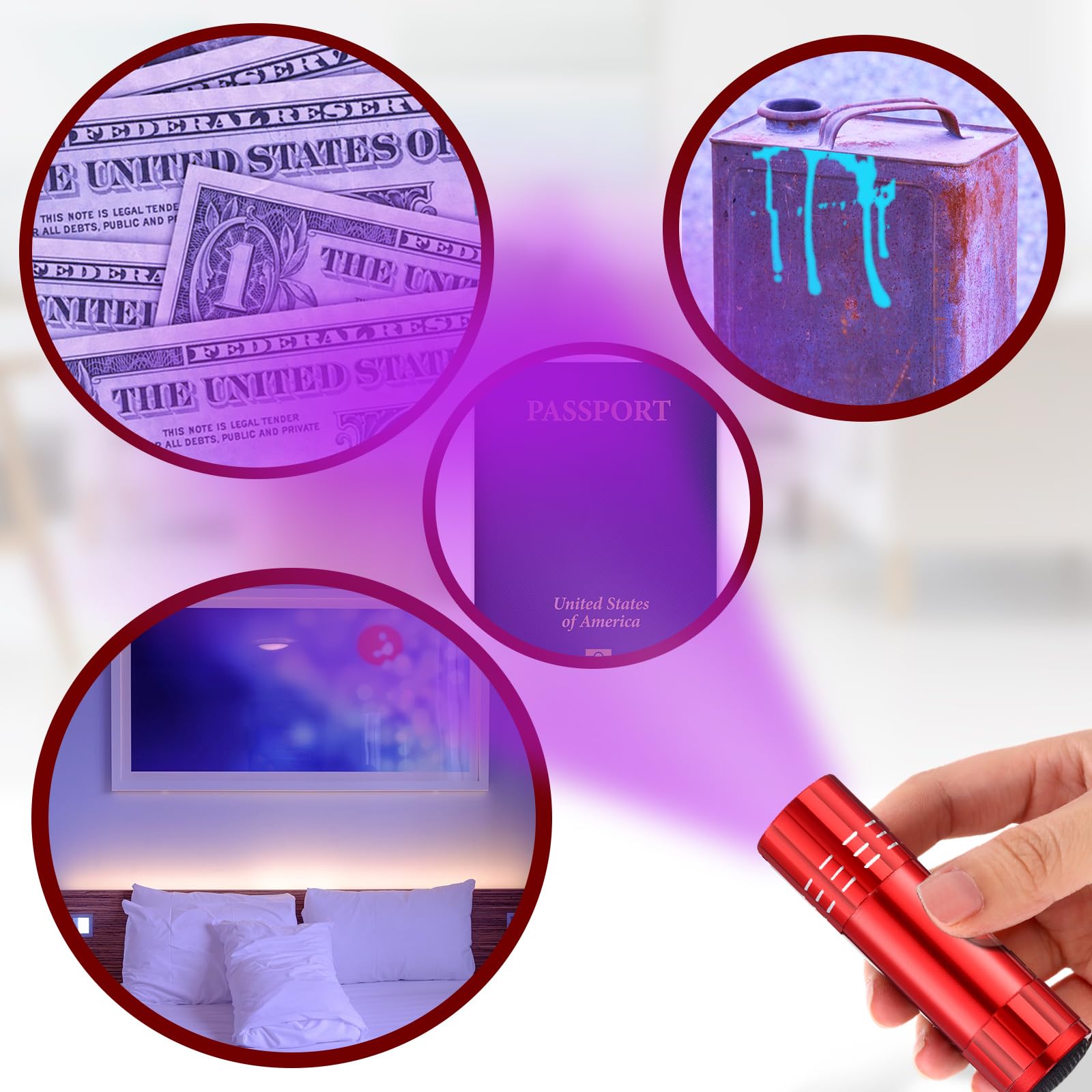Riakrum 12 Pieces Blacklight Flashlights Led Uv Handheld Mini Light Flashlight Small Portable Detector 395Nm 9 Led Light, Not Included Battery(Red)