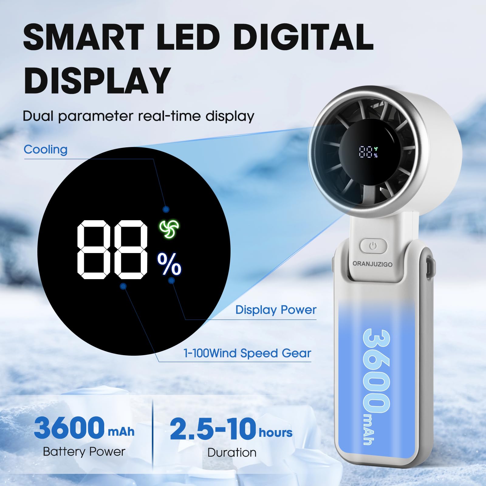 Portable Hand Fan With Smart Digital Display,Foldable Design,5 Speed Adjustable And Usb Rechargeable