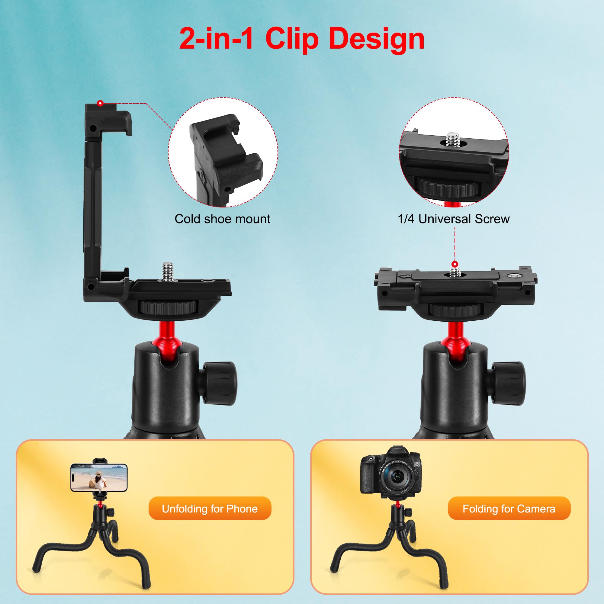 Zeadio Flexible Camera Tripod Kits, With 360° Ball Head Cold Shoe Mount, Portable Vlog Travel Selfie Stick Handle Grip For Cameras Sport Camera Dslr