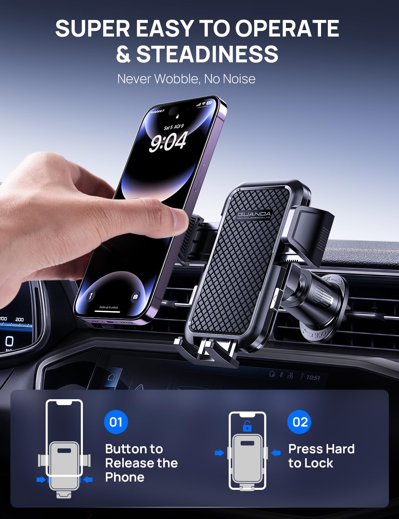 Guanda Technologies Co., Ltd. Car Phone Holder Mount For Air Vent, [Never Shake Hook Clip] 360° Adjustable Vent Clip, Compatible With Big Phones,Thick Cases, Phone Holders For Your Car–Fits Iphone, Samsung And Android